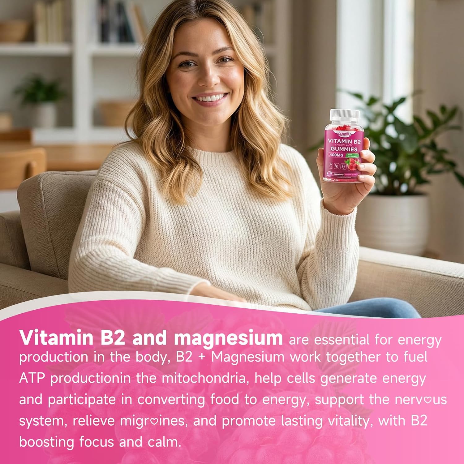 2 Pack Vitamin B2 Gummies Riboflavin 400mg Supplement with Magnesium for Kids & Adults B2 Gummies for Nervous System Support & Skin Health, Raspberry Flavor, 120 Count