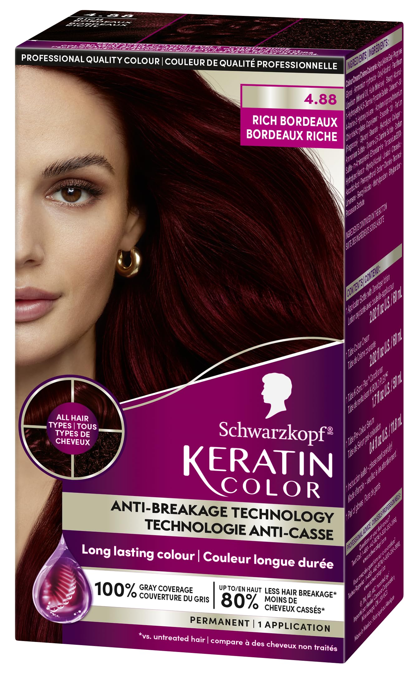 Schwarzkopf Keratin Color Permanent Hair Color, 4.88 Rich Bordeaux, 1 Application - Salon Inspired Permanent Hair Dye, for up to 80% Less Breakage vs Untreated Hair and up to 100% Gray Coverage