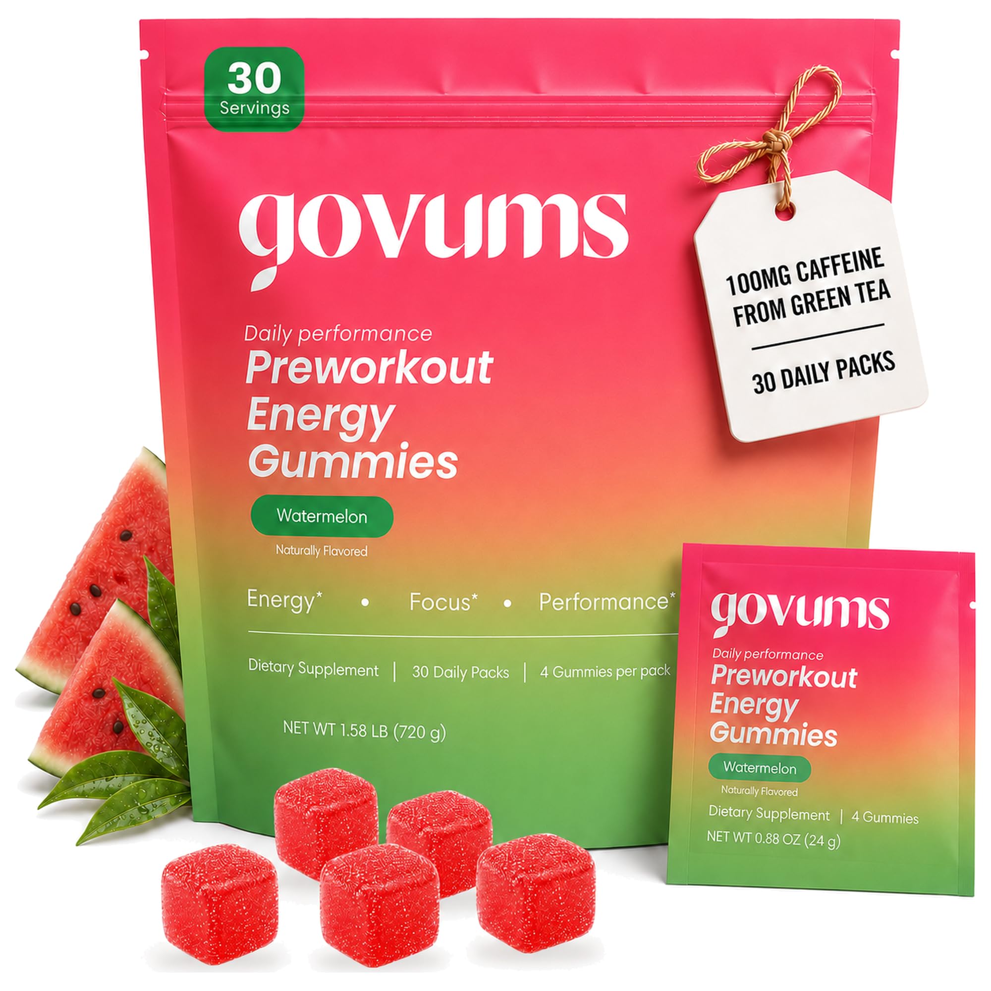 Pre-Workout Energy Gummies, 100mg Caffeine, 30 Servings, Watermelon