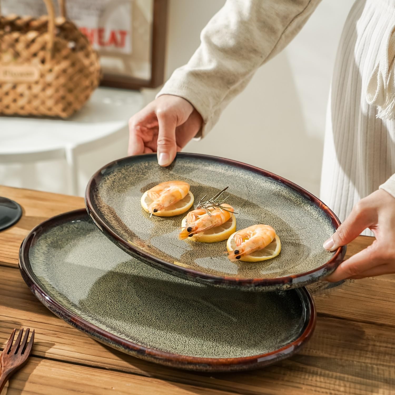 Platos grandes de cerámica para servir, juego de 3 platos ovalados para entretenimiento. Platos de cocina modernos para cena, fruta, ensalada, pavo, etc. Apto para horno, lavavajillas, 15.75