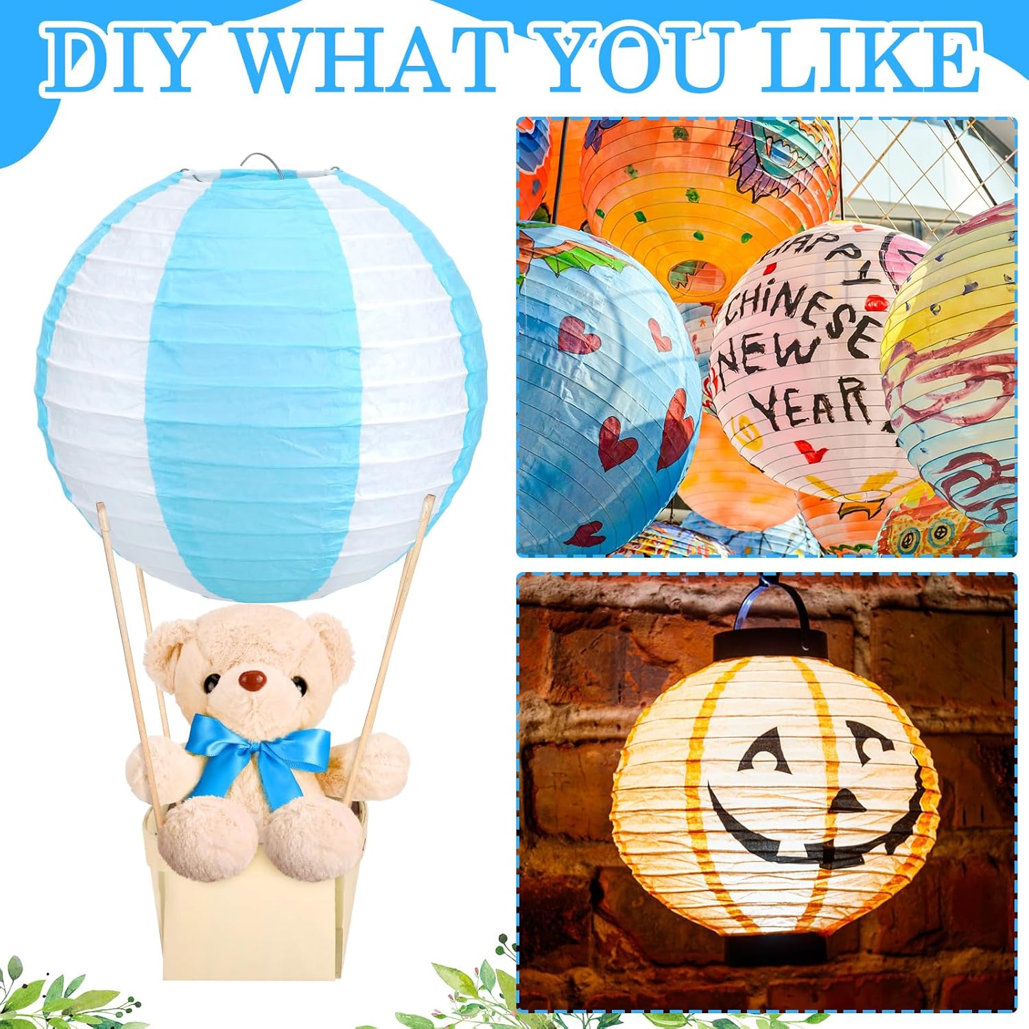 Baquler 12 Sets Baby Shower Hot Air Balloon Table Centerpieces DIY Paper Lanterns Stuffed Plush Bear Wooden Baskets for Wedding Birthday Gender Reveal(Blue)