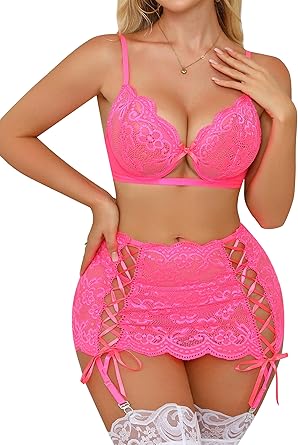 Donnalla Sexy Lingerie for Women 3 Piece Lace Lingerie Set Bra and Panty Sets with Skirt Garter Belt NO STOCKINGS