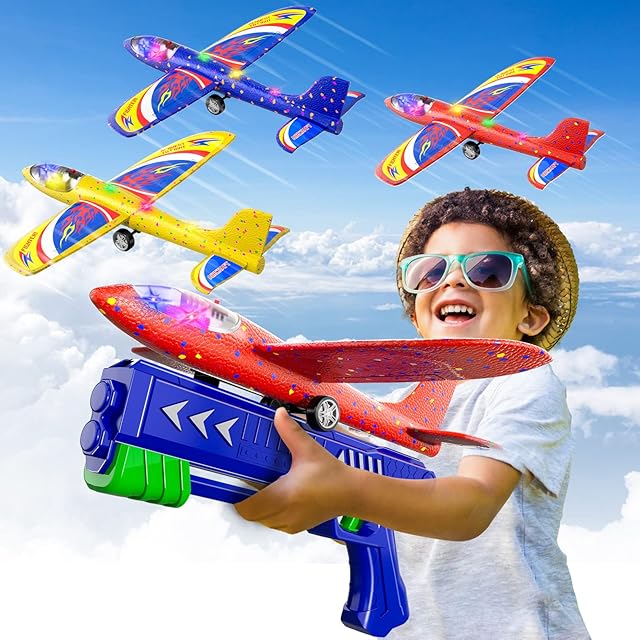 Doloowee 3 Pack Airplane Launcher Toys, 12.6 Inch LED Foam Glider Airplane Catapult, 2 Flight Modes, Outdoor Sports Flying Toys 4 5 6 7 8 9 10 11 12 Years Old Boys Girls Birthday GiftsBlue