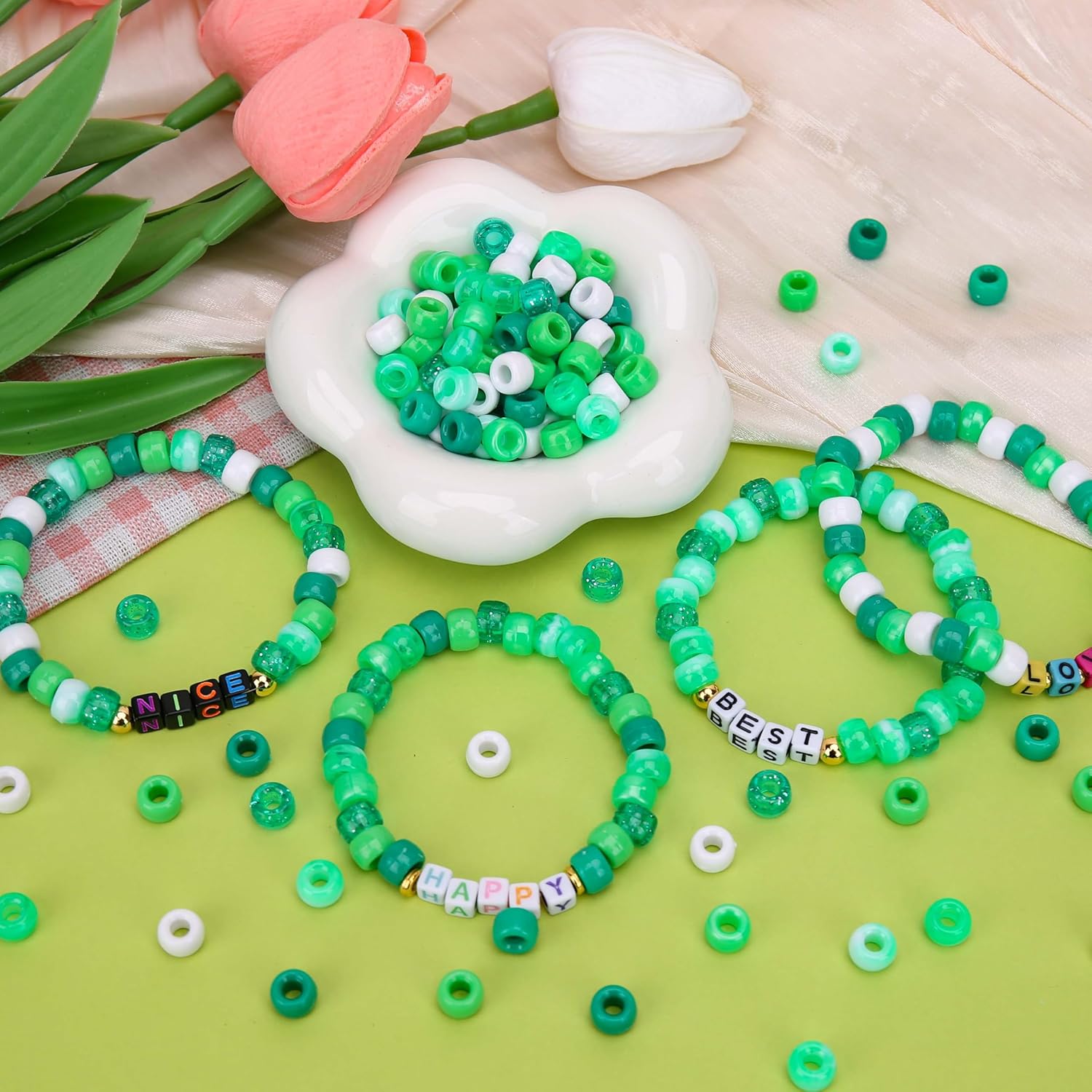 1000PCs 6x9mm Pony Beads Bulk, Assorted Green Colors Plastic Kandi Craft Beads for Jewelry Making Friendship Bracelets Hair Braiding Keychains Scoubidou Loom Bands DIY Crafts - Image 5