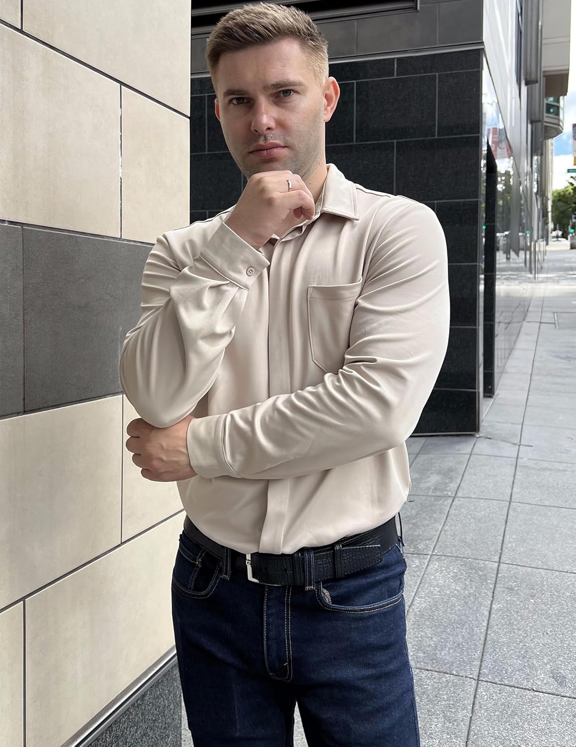 COOFANDY Men's Long Sleeve Wrinkle Free Shirts Casual Button Down Shirts Untucked Dress Shirt X-Large Khaki image 4 of 6 B0D4QVWZR8