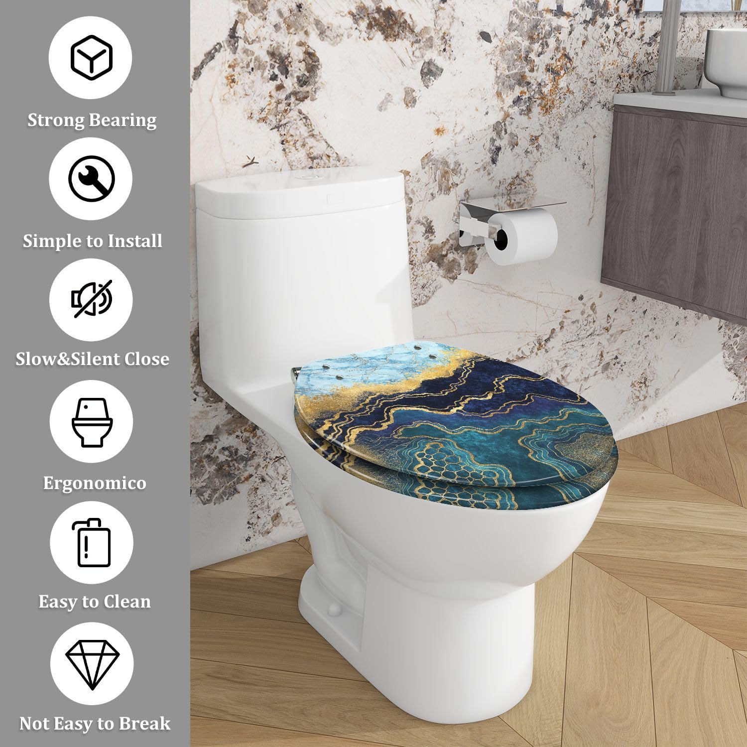 Asiento de inodoro genérico alargado de resina con cierre suave para baño.