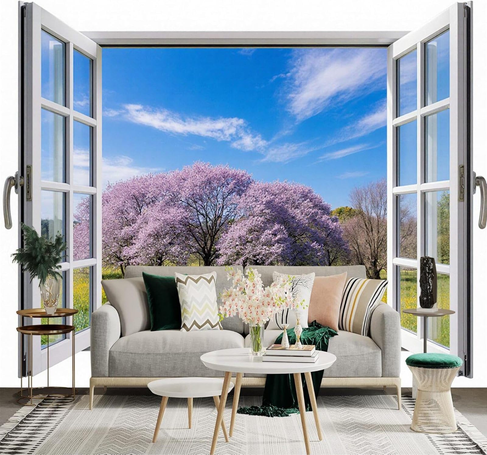 Xlming 250Cm×170Cm(B×H) View From A Window Cherry Blossom Tree Blue Sky Grassy Field Natural Scenery 3D Wallpaper Premium Textured Silk Study Dining Living Room Bedroom Sofa Tv Wall Easy Install-250Cm×170Cm
