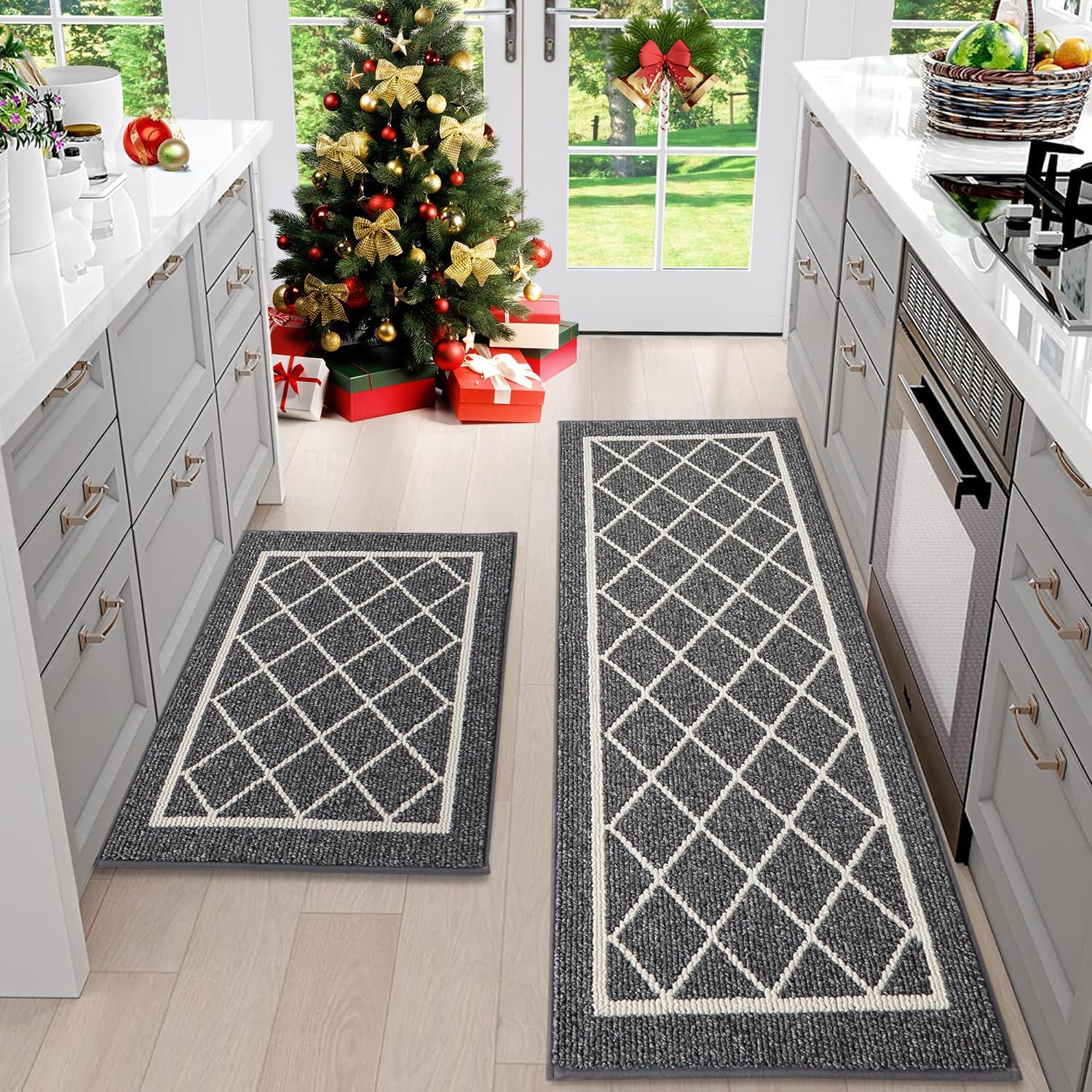 BEQHAUSE-Kitchen-Rugs-Non-Slip-Kitchen-Mats-for-Floor Machine Washable Kitchen Rugs 2 Pieces Grey Kitchen Runner Carpet with TPR Backing 20x30inch/20x48inch