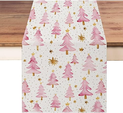 Miniatura 8 de Camino de mesa de Navidad de 13 x 72 pulgadas, decoración de mesa de árboles de Navidad rosa para temporada de invierno, Navidad, vacaciones, casa