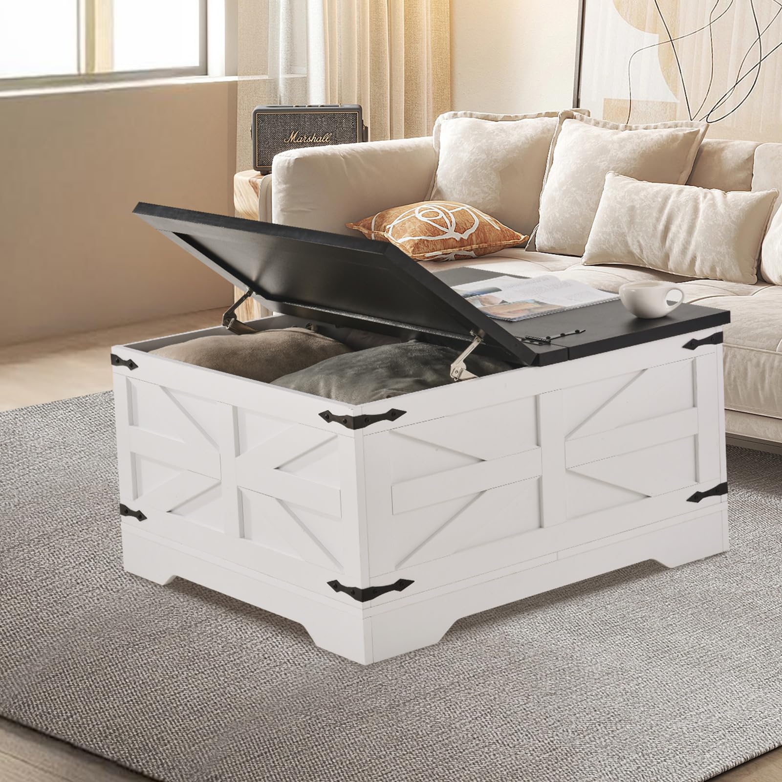 VEVOR Tavolino da Caffè da Fattoria 800 mm Tavolino Quadrato Incernierato con Ampio Vano Portaoggetti, Tavolo da Cocktail Rustico in Legno per Soggiorno, Camera da Letto, Appartamento, Grigio e Bianco