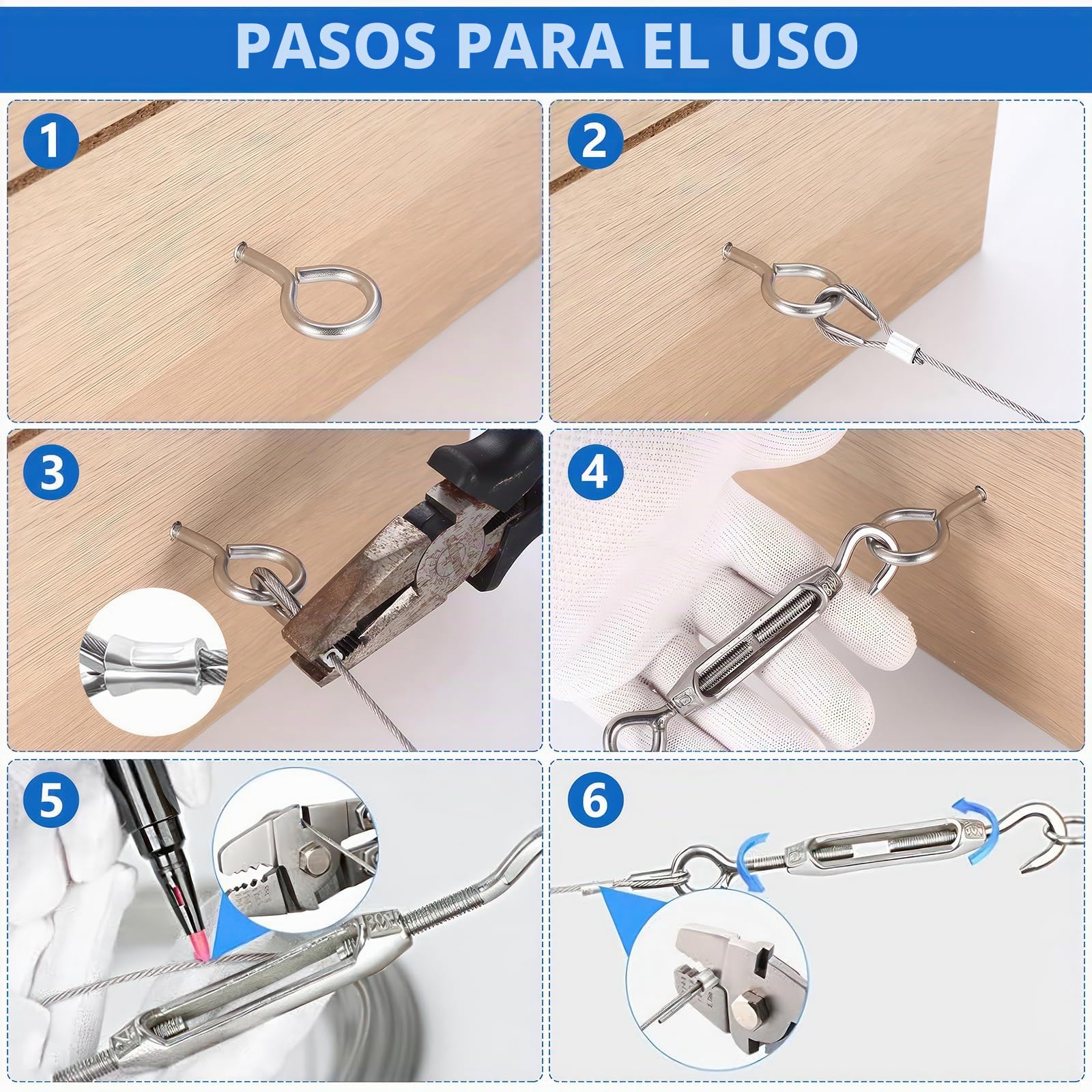 Cable de Acero Inoxidable 2mm x 15m Kit con Tensores para Jardín