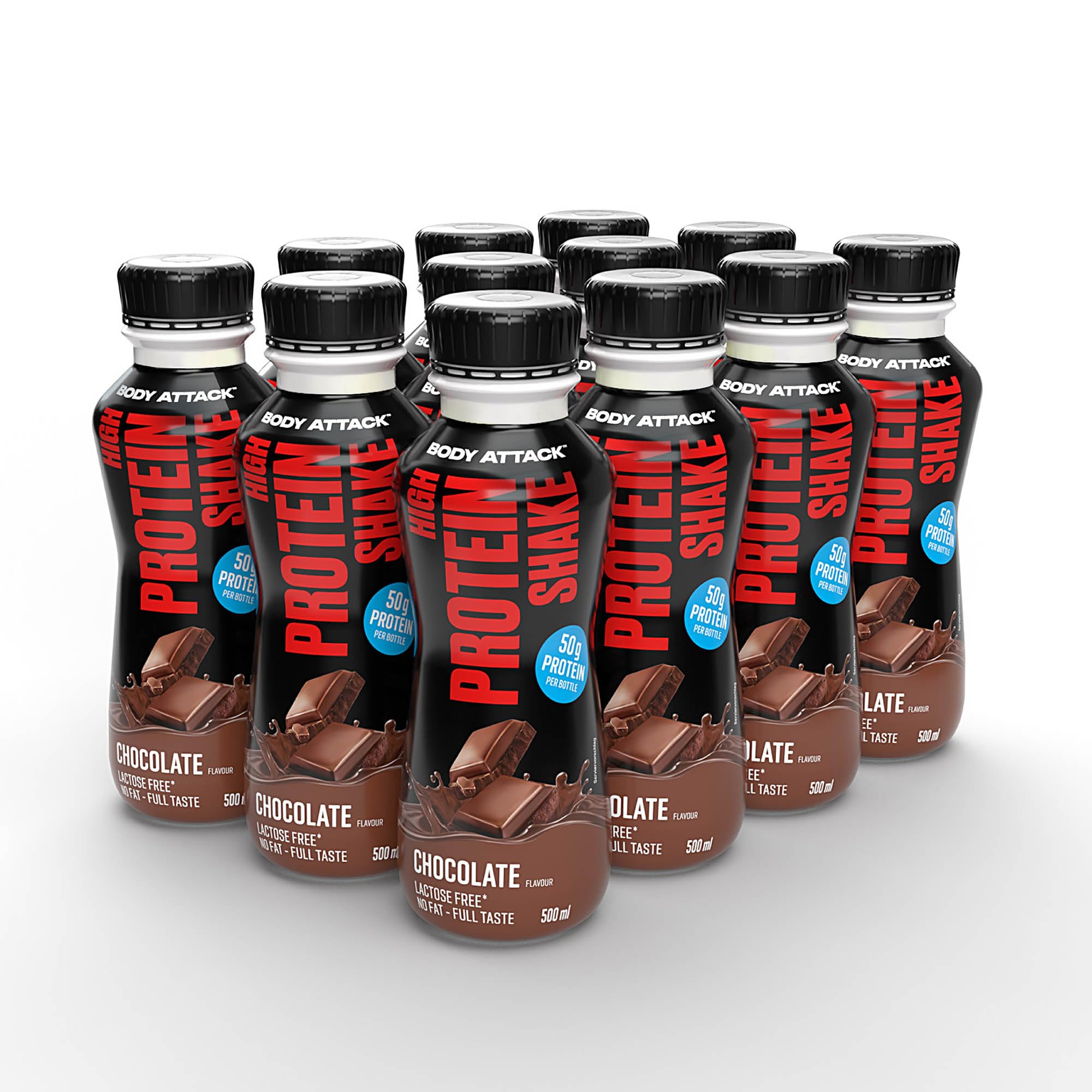 Body Attack High Protein Shake Schokolade 12 x 500 ml | 50 g Protein je Portion, kalorienarmer Protein-Shake für Muskelaufbau, Fertiggetränk