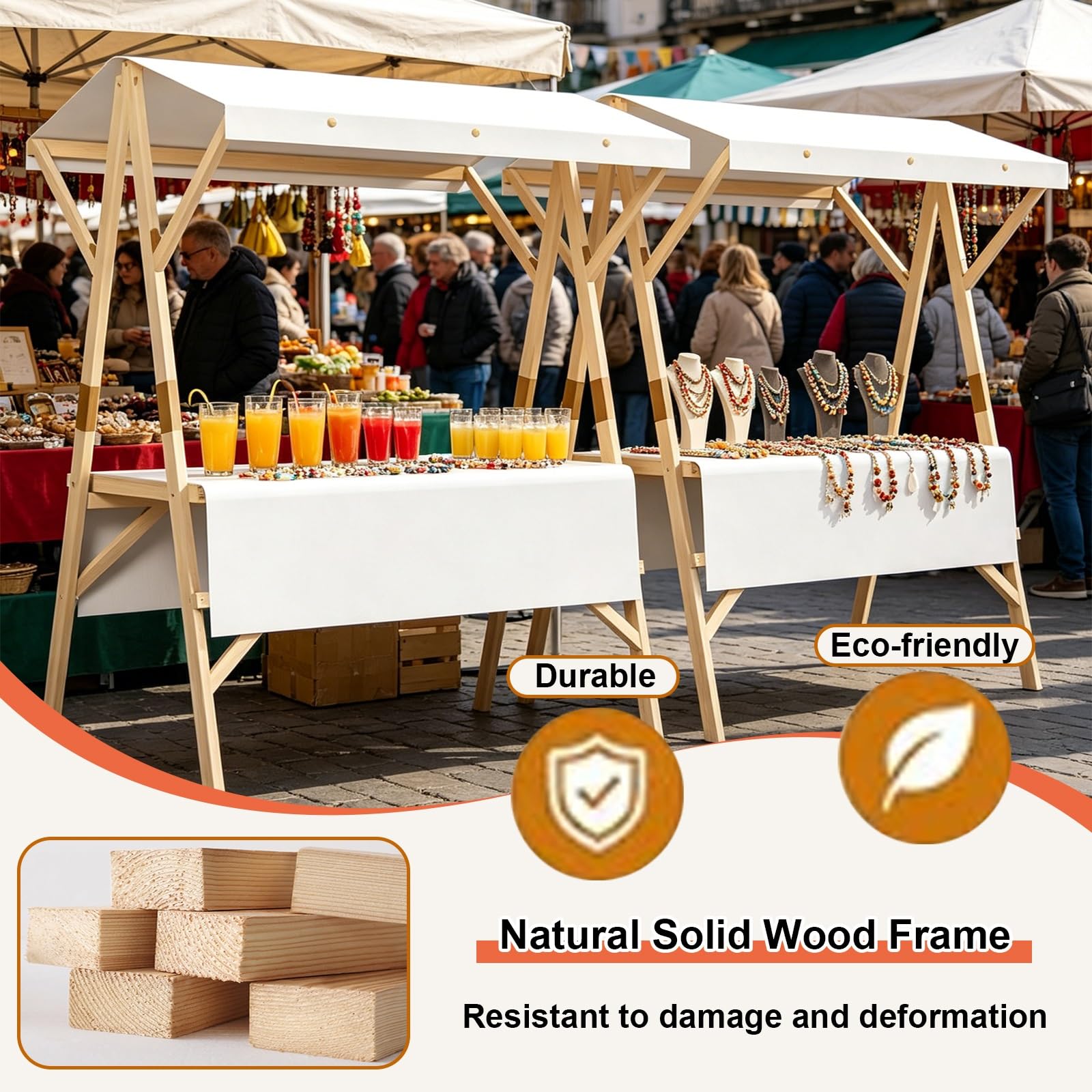 Carretto per Alimenti Pieghevole in Legno con Tettuccio, Banchetto Stile Mercato, Carretto per Venditori Ambulanti, per Eventi E Festival(White,120cm/47.2in)