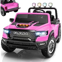 ENYOPRO 24V Ride on Toys for Kids 4-8, Licensed RAM 1500 RHO 2 Seater Kids Ride on Car w/Parent Remote, Power Pedal & Shock-Absorbing Wheels, Truck Bed Storage, Bluetooth, LED Lights, 2 Speed Pink
