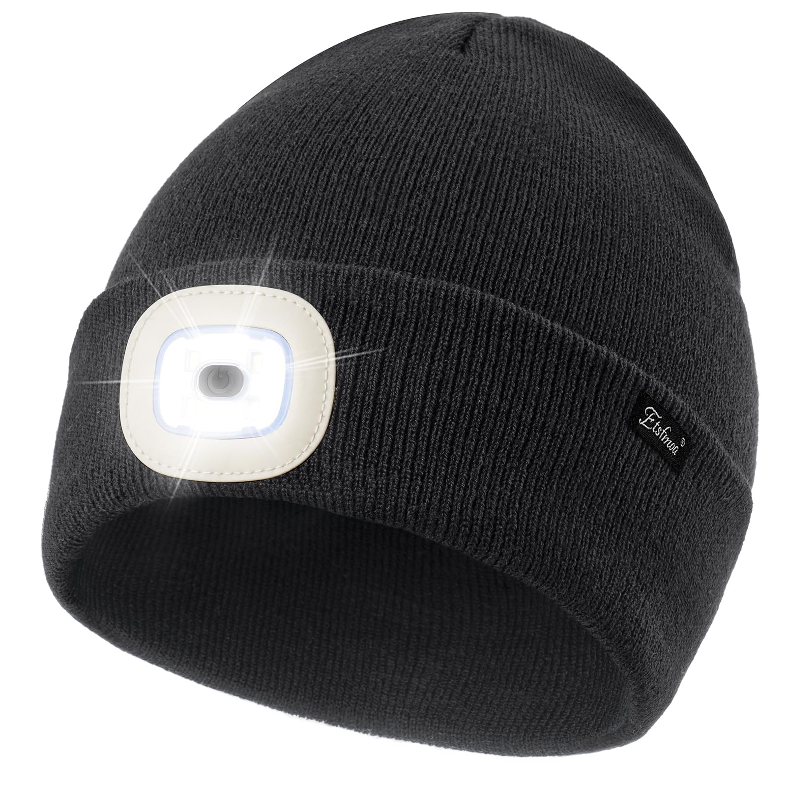 Etsfmoa Unisex Beanie with The Light,Gifts for Men Dad Father, USB Rechargeable LED Warm Knit Headlamp Hat Black