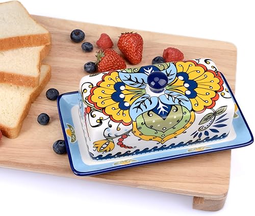Miniatura 4 de NAGU Mantequera de cerámica dibujada a mano con tapa, bandeja de mantequilla de granja con tapa, soporte de contenedor de queso vintage para