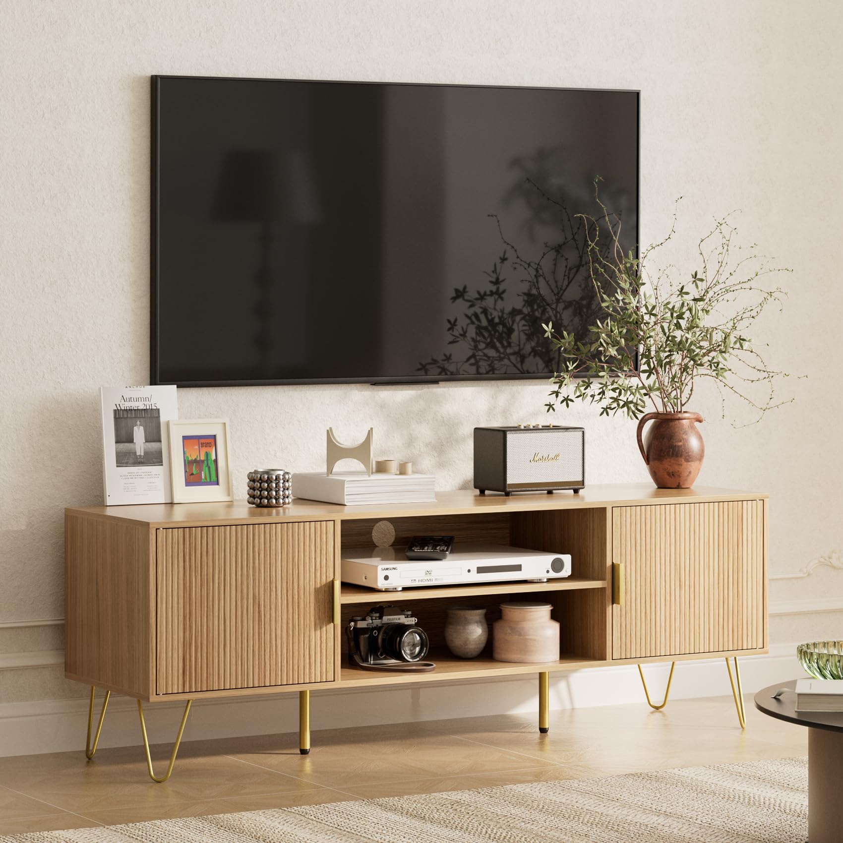 HEYZOEY Gabinete de TV, lowboard para TV de hasta 60 Pulgadas, Mueble de TV de 2 Puertas con armarios para Sala de Estar (Roble A, 137 x 38 x 48 cm)