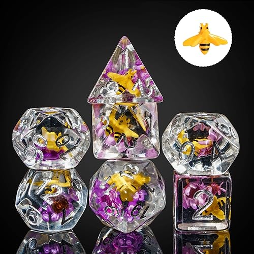 Miniatura 8 de Cusdie 7 dados DND, juego de dados poliédricos rellenos de animales, para juegos de rol D&D (flor púrpura abeja)