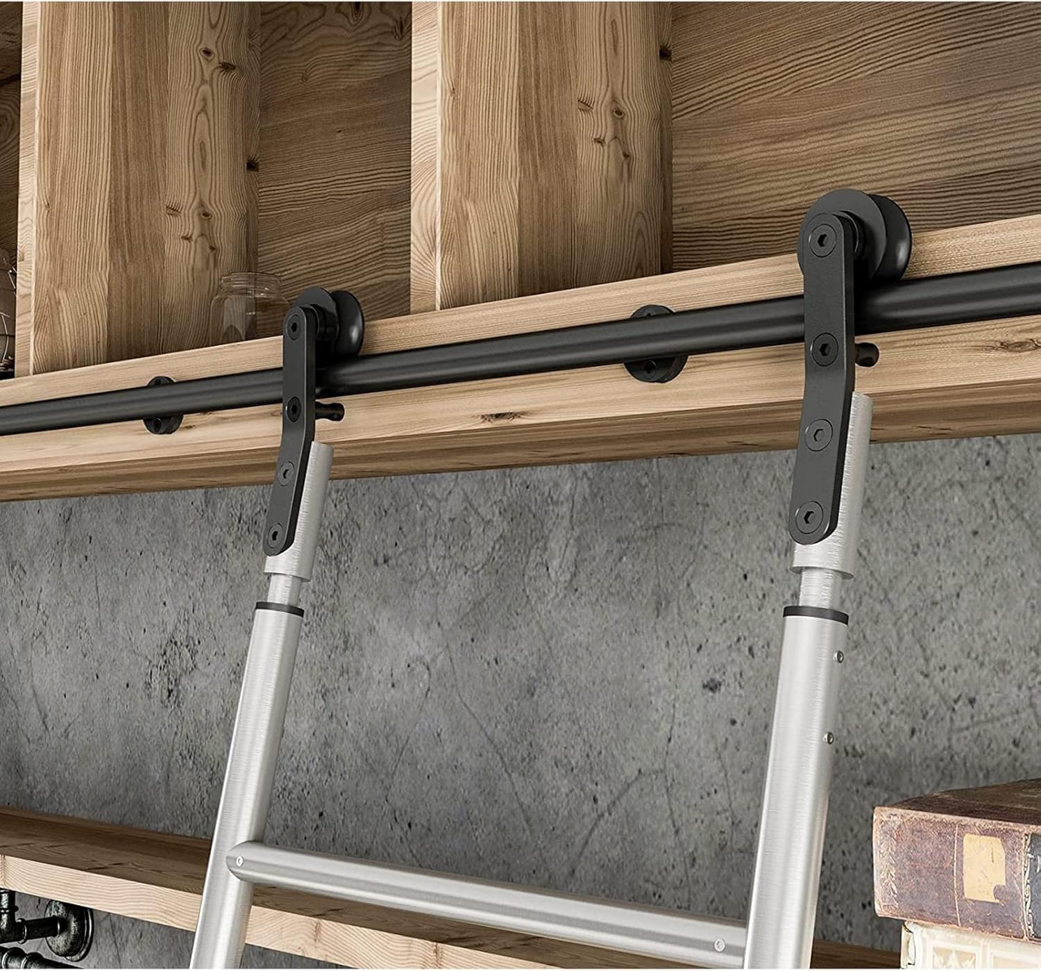 3.3-20ft Rolling Library Sliding Ladder Hardware Kit, Rustic Black Round Tube Sliding Barn Ladder Library Hardware Track Kit,Including Floor Wheels with Brakes,8ft/244cm Track Kit