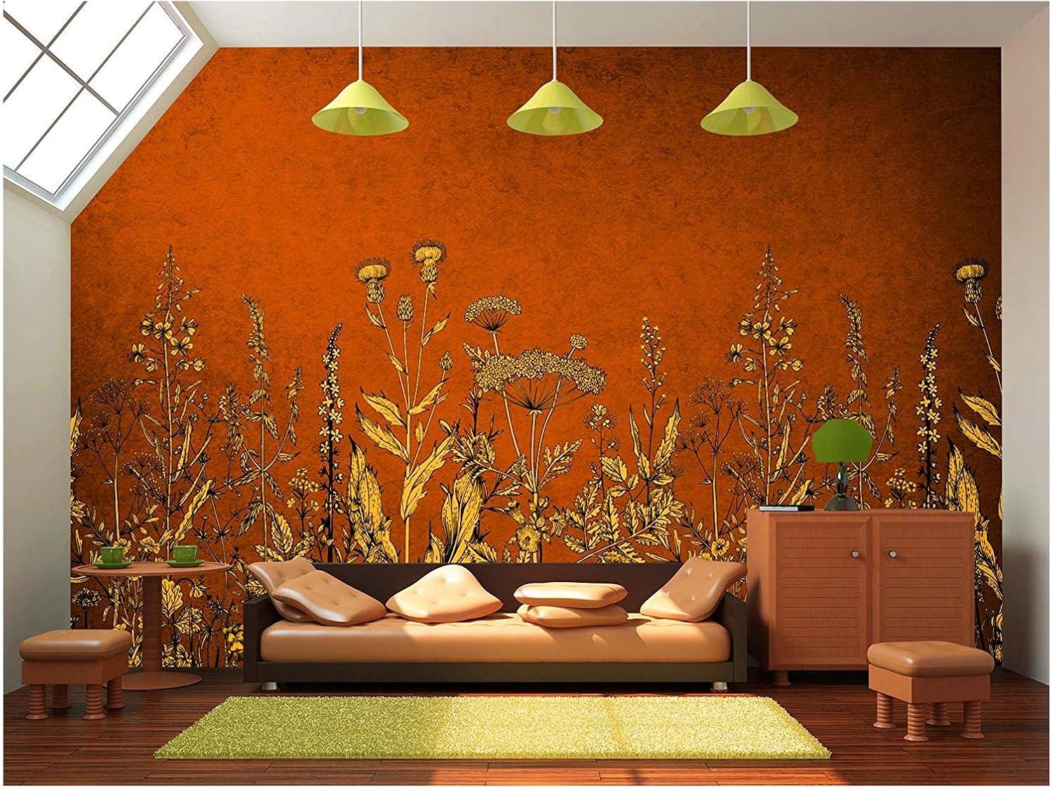 wall26 - Large Wall Mural - Vintage Style Yellow Flowers on Red Background | Self-Adhesive Vinyl Wallpaper/Removable Modern Wall Decor - 66x96 inches