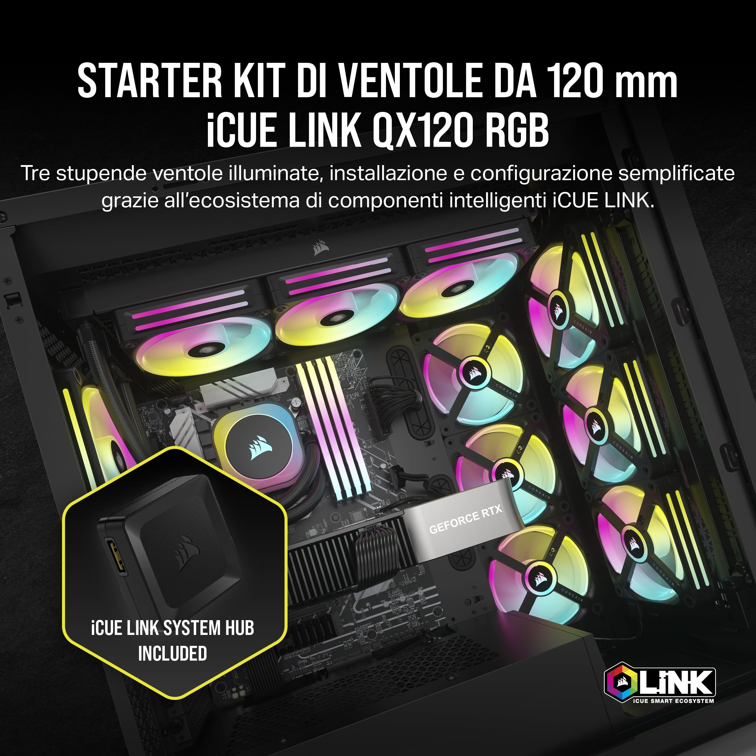 Corsair iCUE Link QX120 RGB Cupola Magnetica da 120 mm Ventole - Tripla Ventole Starter Kit con iCUE Link System Hub - Nero