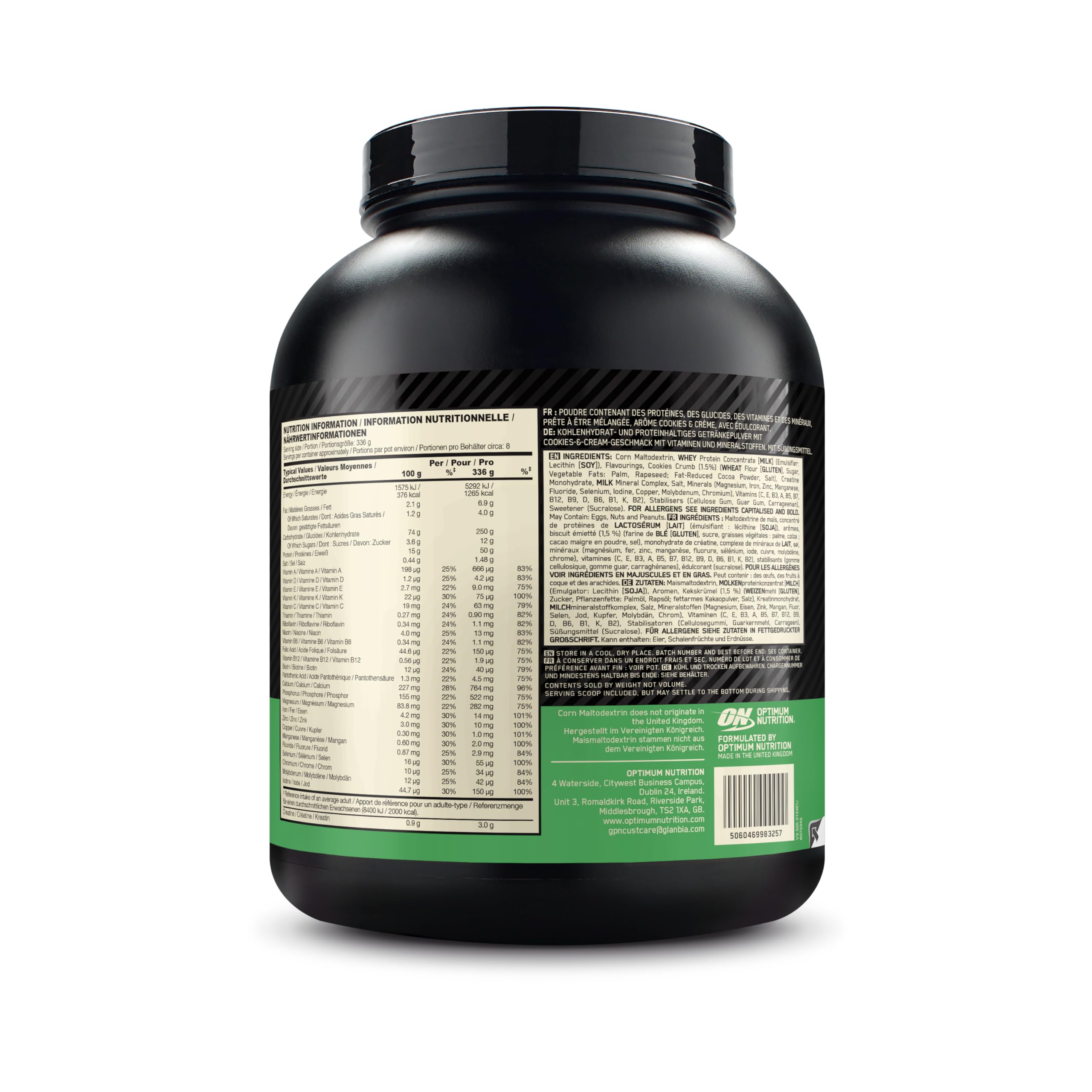 Optimum Nutrition Serious Mass Gainer en Poudre, Goût Cookies and Cream, 2.73kg, 8 Doses
