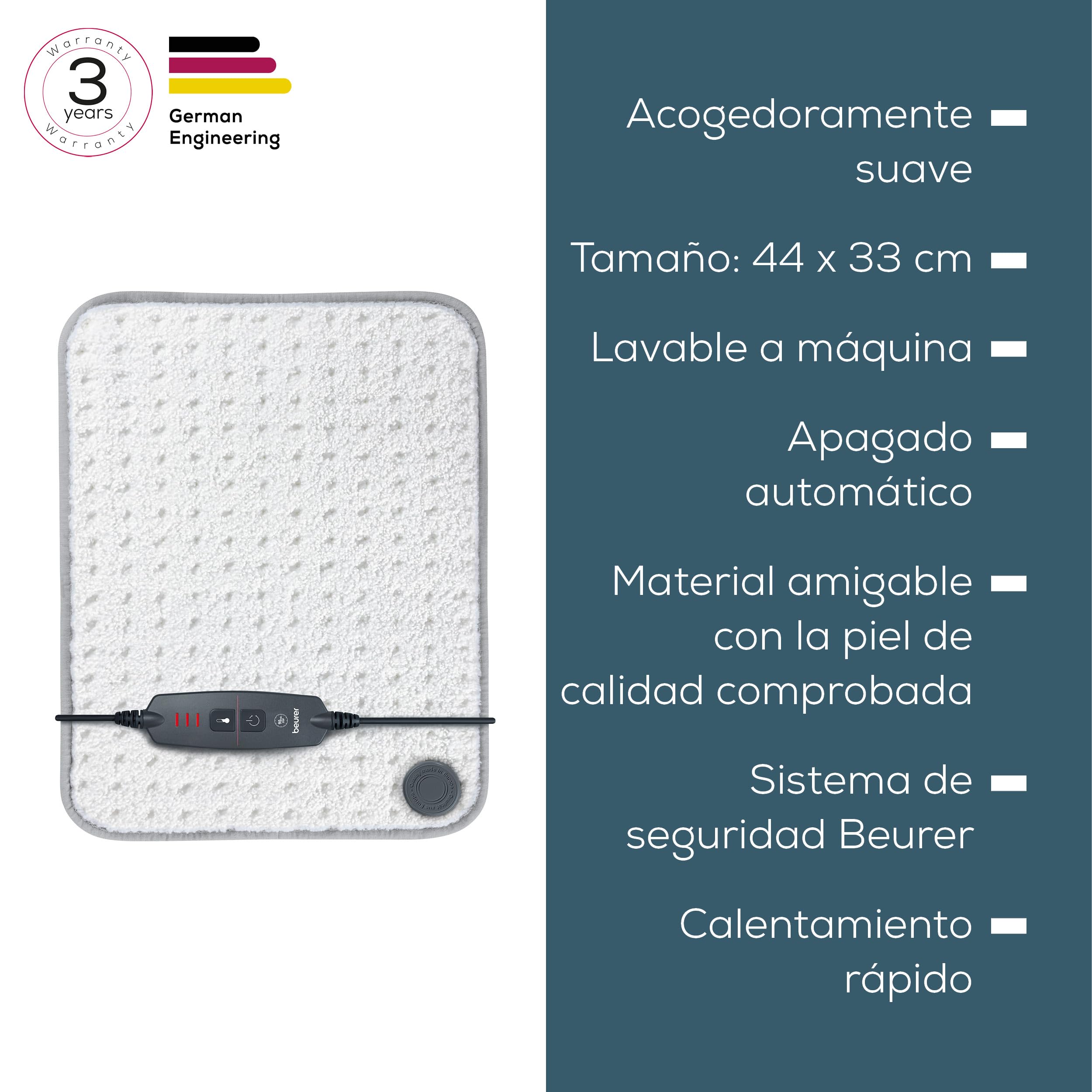 Beurer HK 43 almohadilla eléctrica, cojín térmico extra suave con apagado automático y 3 niveles de temperatura, con calentamiento rápido, lavable a máquina hasta 30 °C, blanco