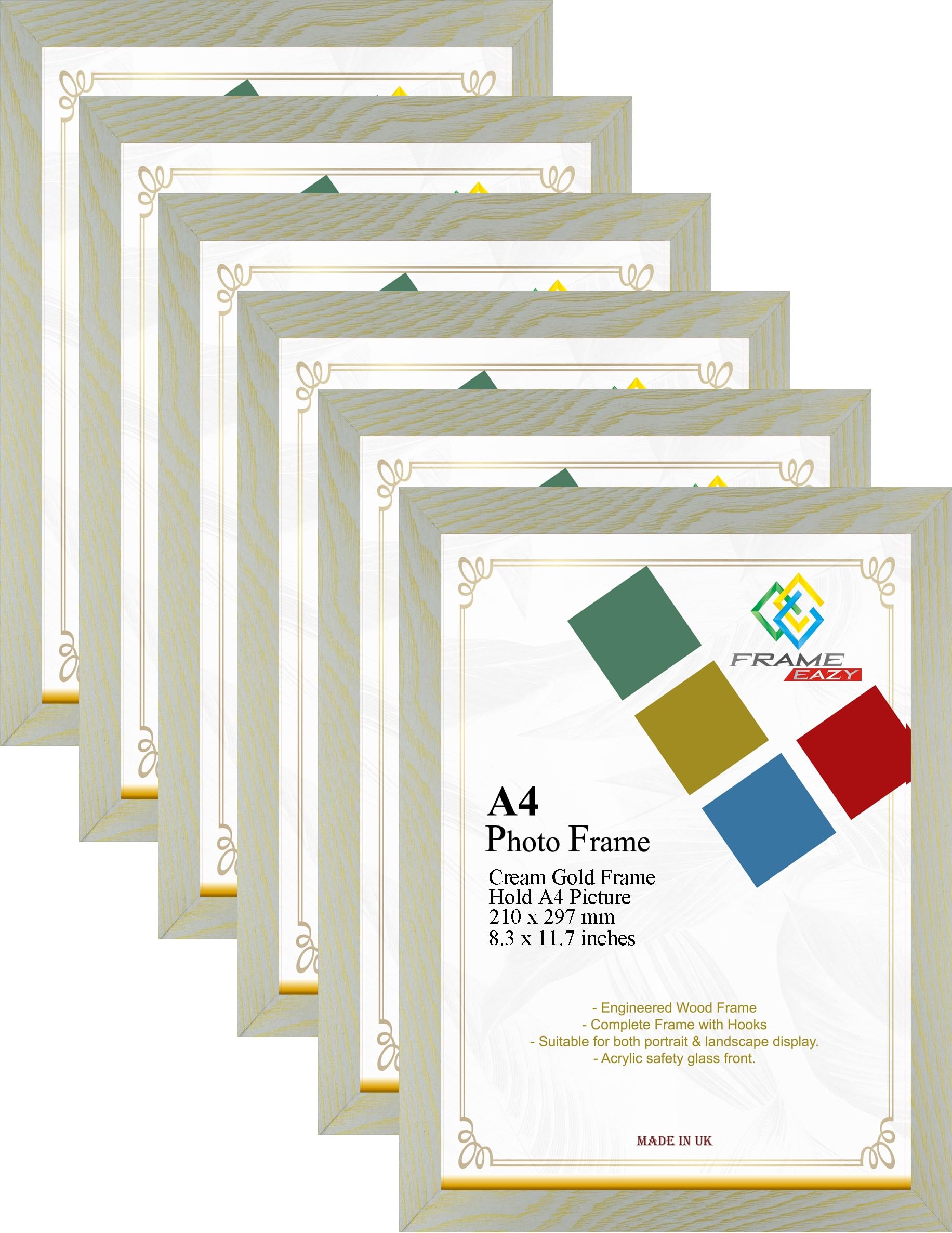 FRAME EAZY Cream Gold Modern A4 Photo Frame Multipack of 6 in Size 29.7 x 21cm Picture Frames - A4 Certificate Frame - Cream Gold Frame with Clear Perspex Sheet & Wall Mounted Hooks - Box of 6