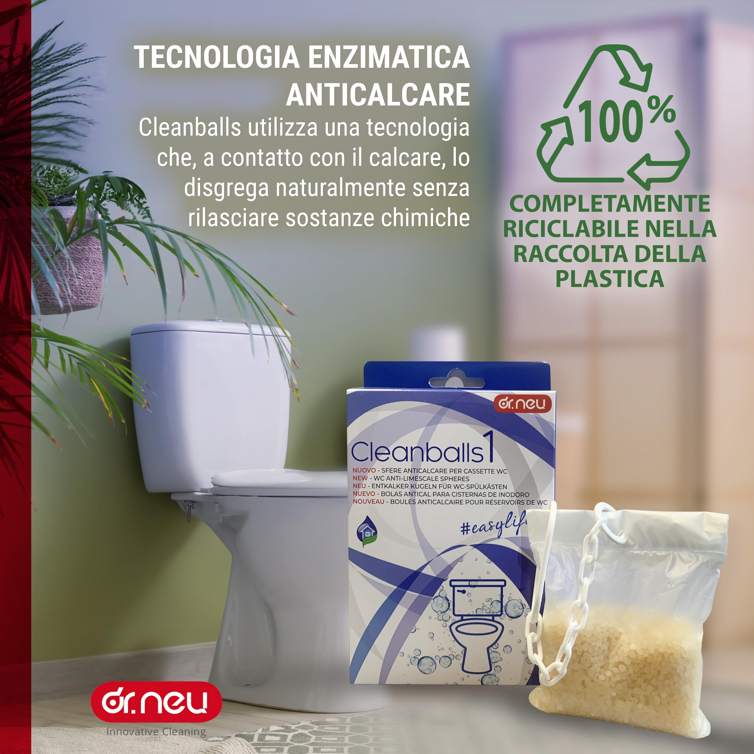 DR. NEU - Sfere Anticalcare per Cassetta WC Esterna e da Incasso Cleanballs, Previene Naturalmente Calcare e Incrostazioni, Facile Montaggio, Durata 6 Mesi - Pulizia Bagno Sicura per Fossa Biologica