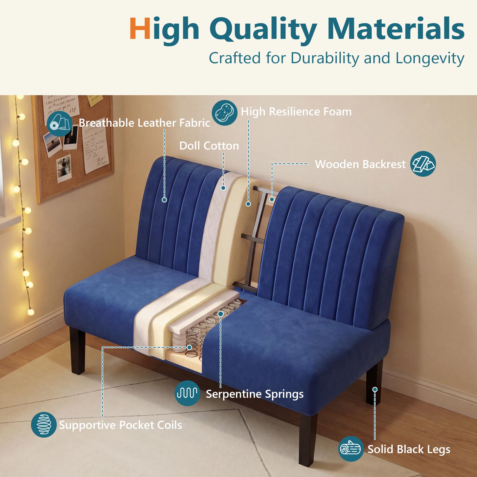 Navy Blue Velvet Armless Loveseat with USB, Small Couch for Living Room | Mini Sofa and Love Seat, Comfy Velvet Couch with Armless Design and USB Port, Apartment Office Dorm Small Spaces, Navy Blue
