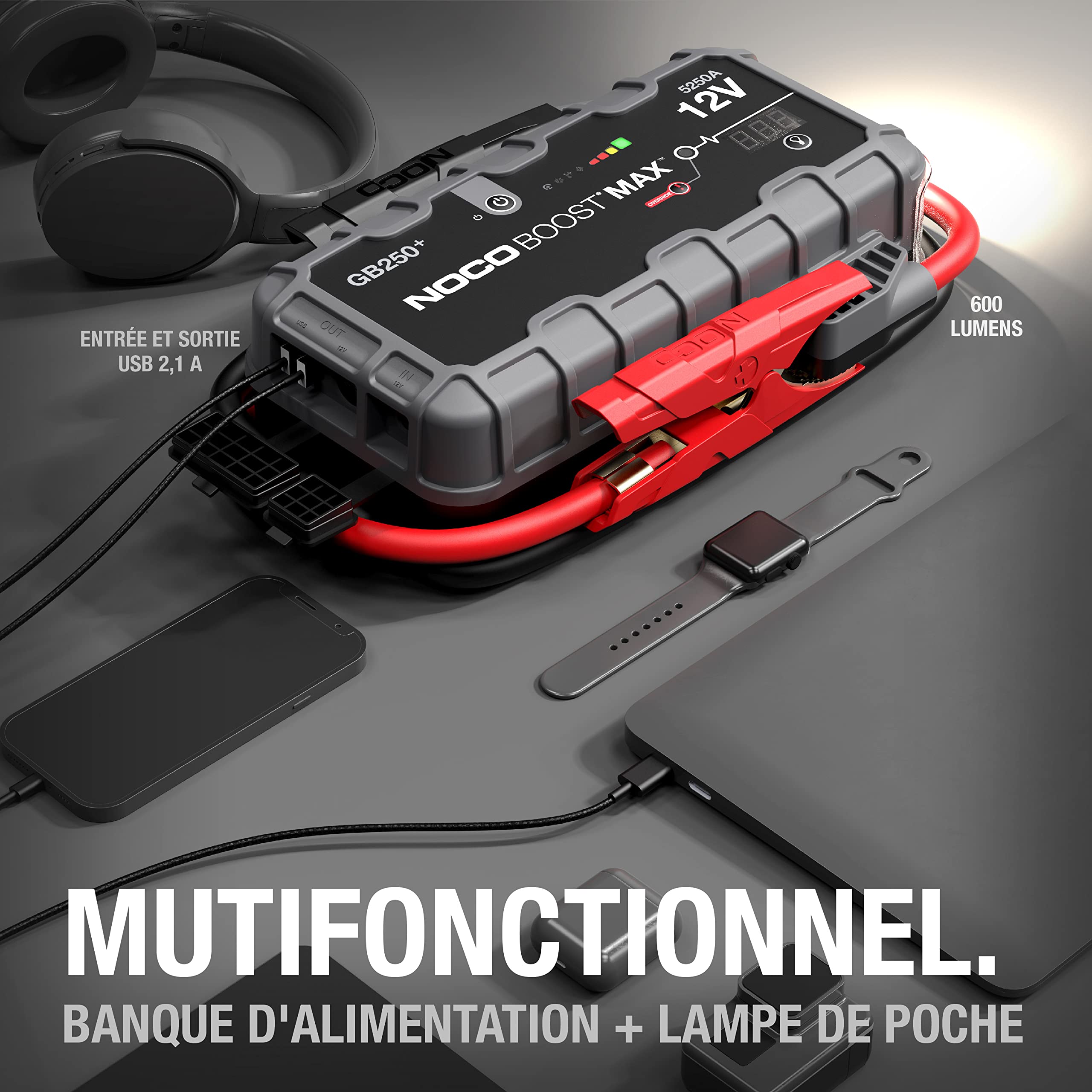 NOCO Boost Max GB250 12V 5250A UltraSafe Booster Batterie, Lithium Jump Starter, Câbles de Démarrage et de Démarrage de Batterie Portables pour Moteurs Essence et Diesel Jusqu'à 16-litres