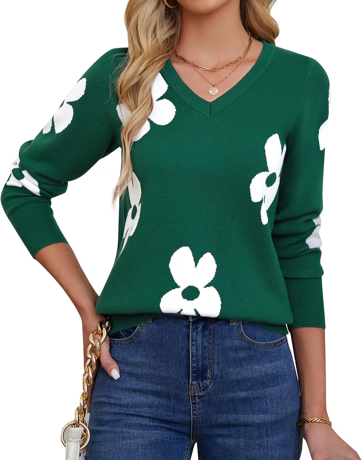 Womens V Neck Knit Sweaters Long Sleeve Lightweight Pullover Printed Cute Tops Winter Casual Fashion Outfits