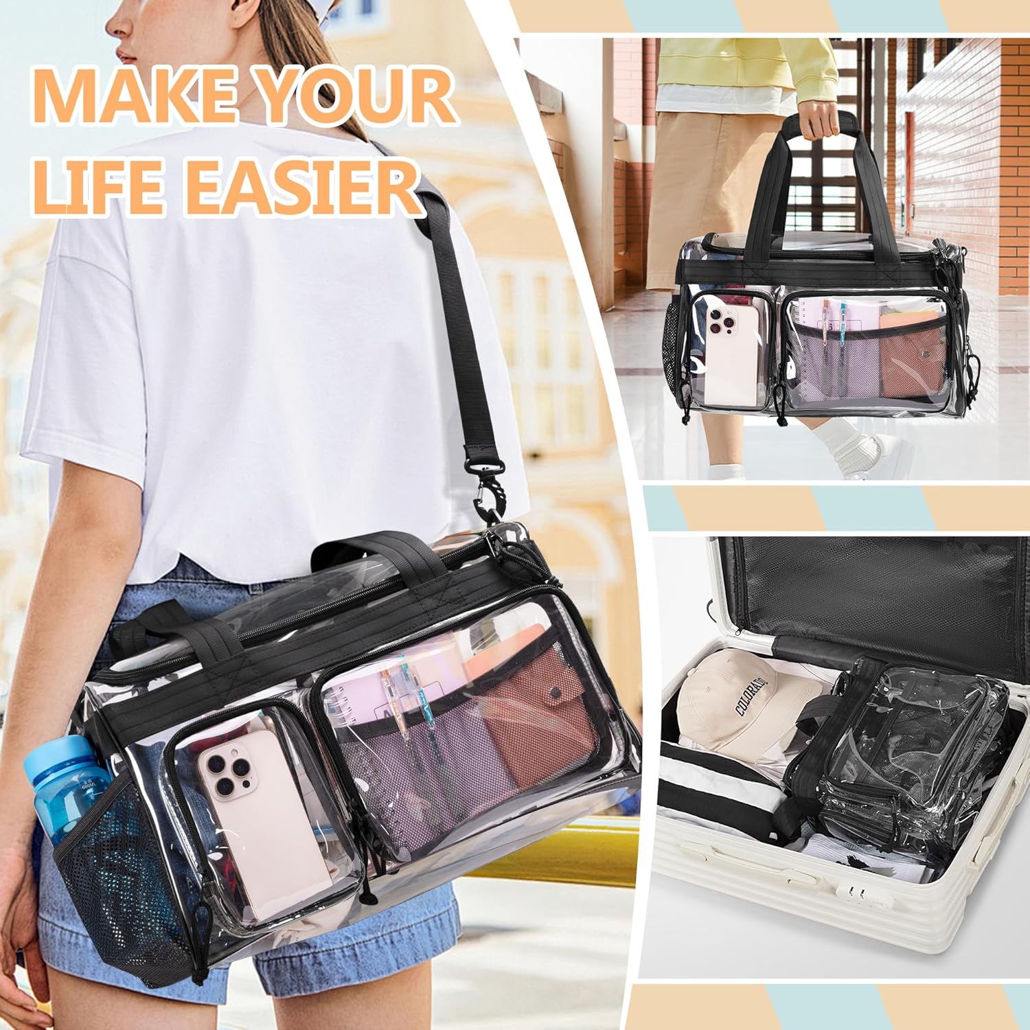 Yarwo Clear Bag Stadium Approved with Shoe Compartment, Collapsible Clear Sports Duffle Tote Bag with Adjustable Strap for Travel Work Concerts Baseball Golf Football Basketball Stadium Events - Image 2