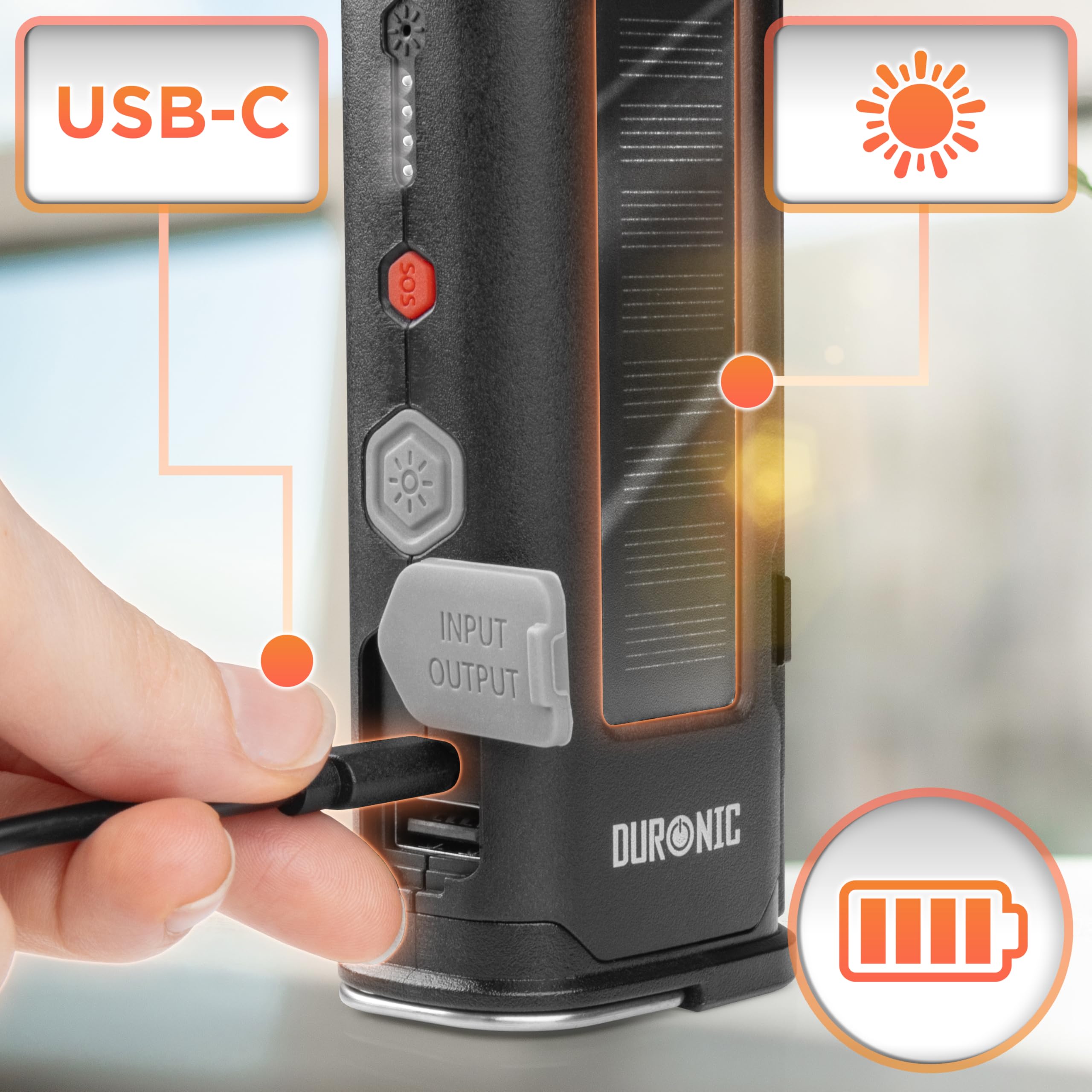Duronic CT51 Rettungswerkzeug Auto, 6-in-1 Notfall Ausrüstung, Gurtschneider, Nothammer, Taschenlampe und Licht, Alarmton, Powerbank mit Solar und USB