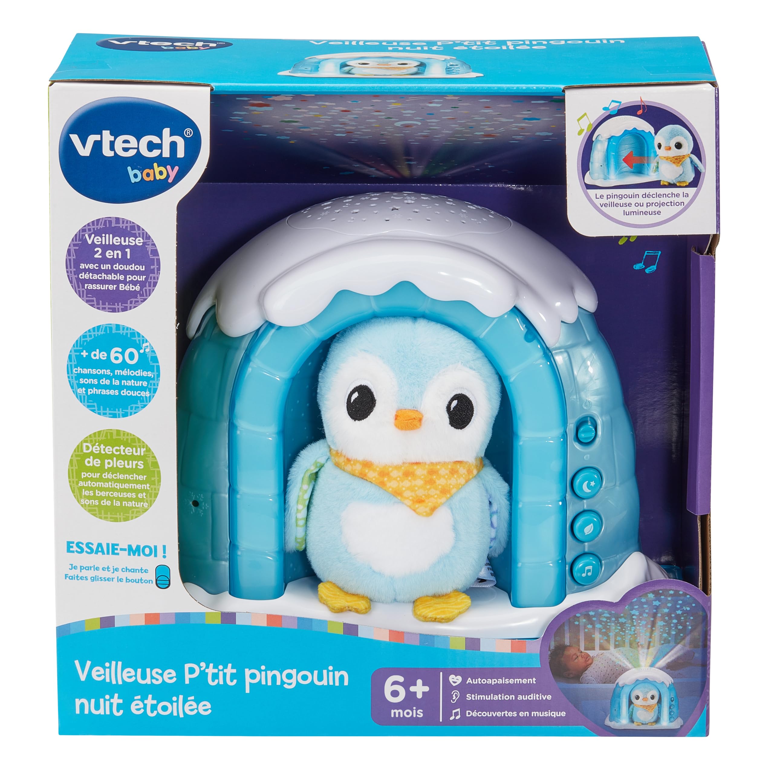 VTech – Luz Nocturna P'tit Pingüino Noche Estrellada, Igloo Nightlight para bebé Musical, proyección Luminosa en el Techo, música Suave, Ruidos Blancos, Doudou pingüino, Regalo de Nacimiento –