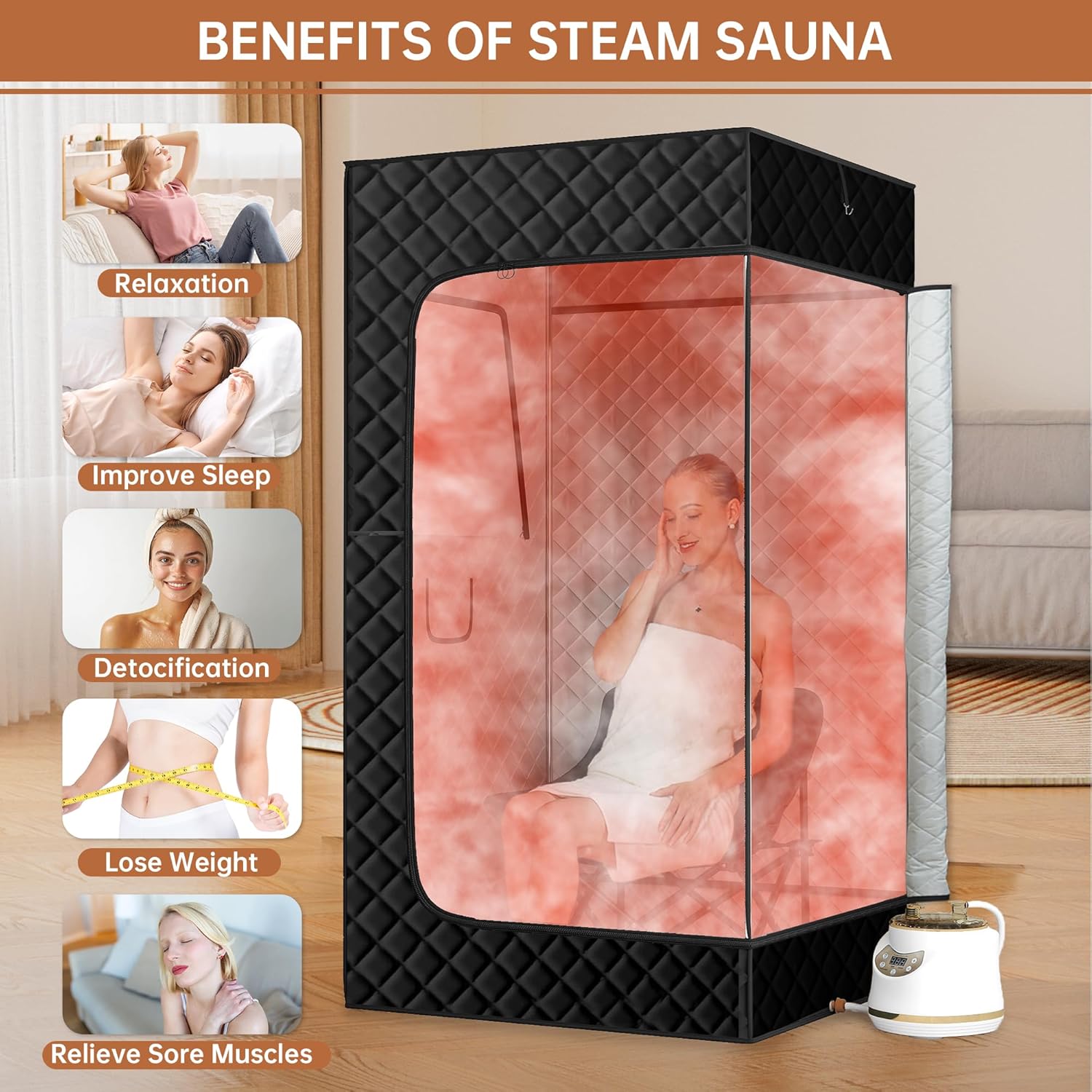 Springspa Portable Steam Sauna Box with 3L & 1500W±10%, Personal Sauna Tent with 9 Adjustable Heat Levels, Steam Sauna Full Body for Home, Foldable Chair, Extra Large Size 3' x 3' x 5.9'
