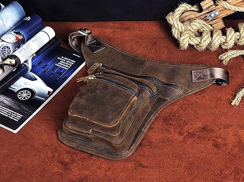 Miniatura 5 de Le'aokuu Riñonera táctica de cuero genuino para hombre, riñonera, pierna caída, cruzada, bolsa, 3111 A Marrón, Hip Bum - Bolsa para muslos y piernas