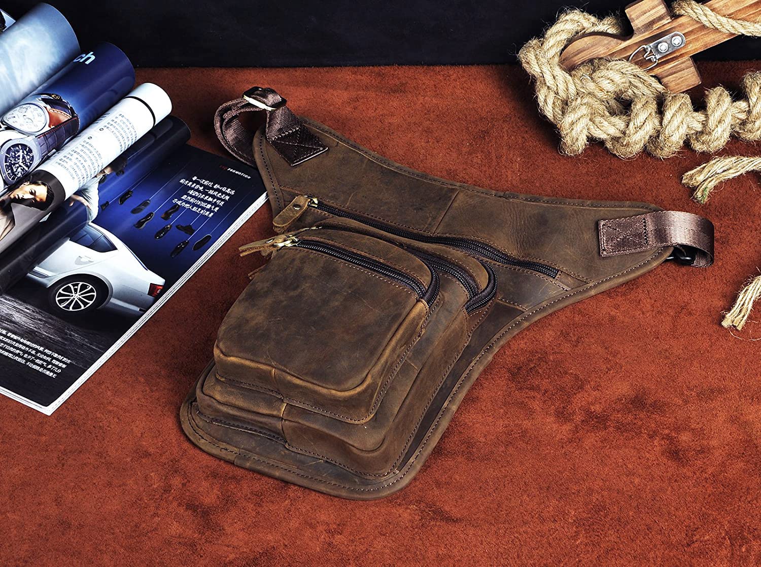 Le'aokuu Cintura tattica da moto in vera pelle da uomo Marsupio con gamba a goccia Borsa incrociata 3111