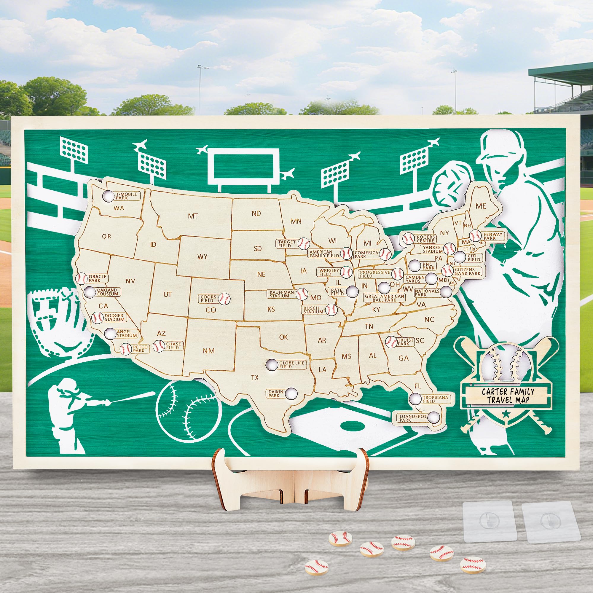 Mapa de estadio de béisbol, mapa de viaje de Estados Unidos con pines, decoración de béisbol, recuerdos deportivos, seguimiento de viajes de Estados Unidos, mapas de Estados Unidos para pared, regalo