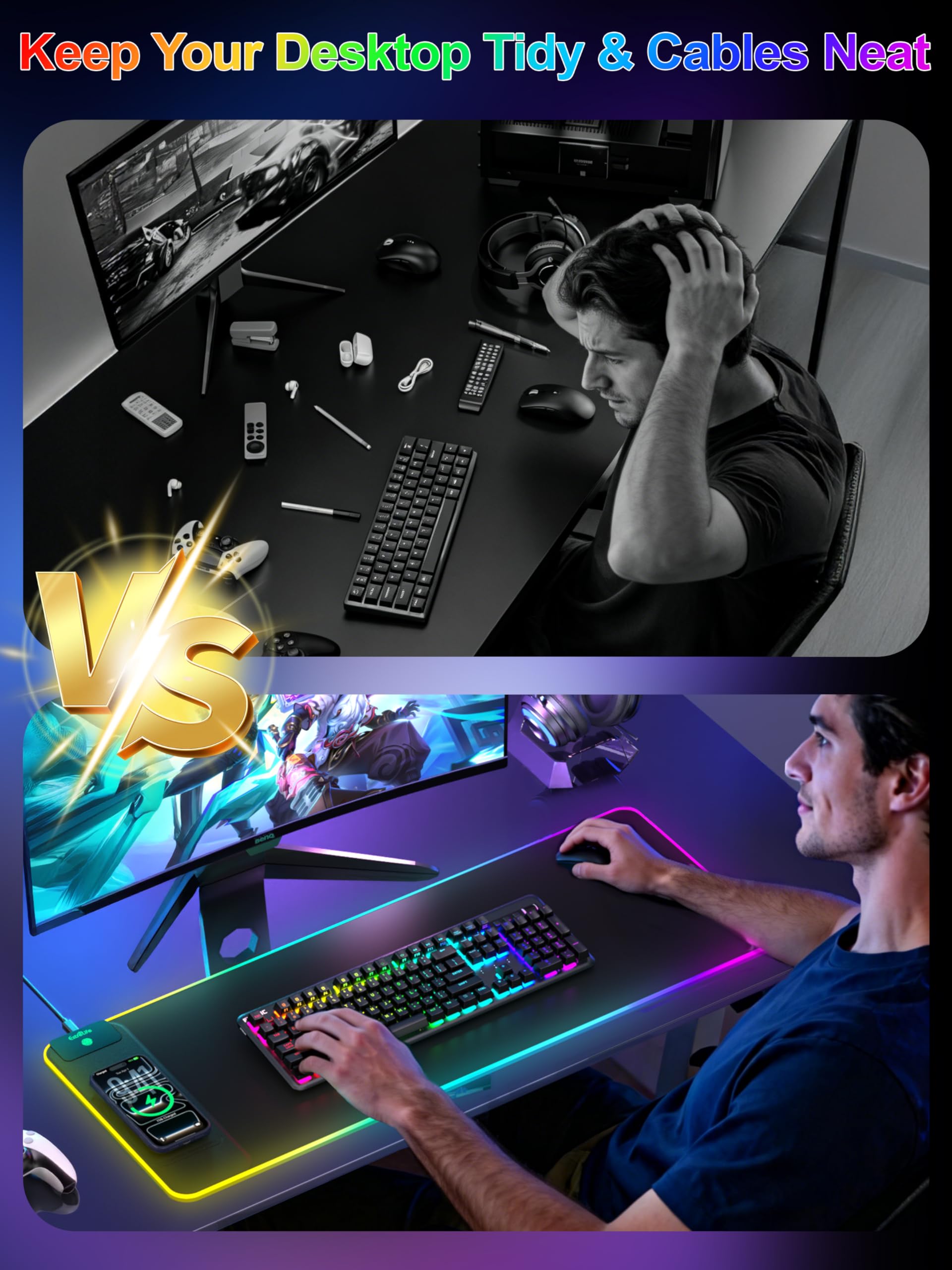 Tappetino per mouse con ricarica wireless da 15 W, tappetino per mouse da gioco RGB, tappetino da scrivania XXL da 80 x 30 cm, 16 modalità di illuminazione, tappetino per tastiera con base in gomma