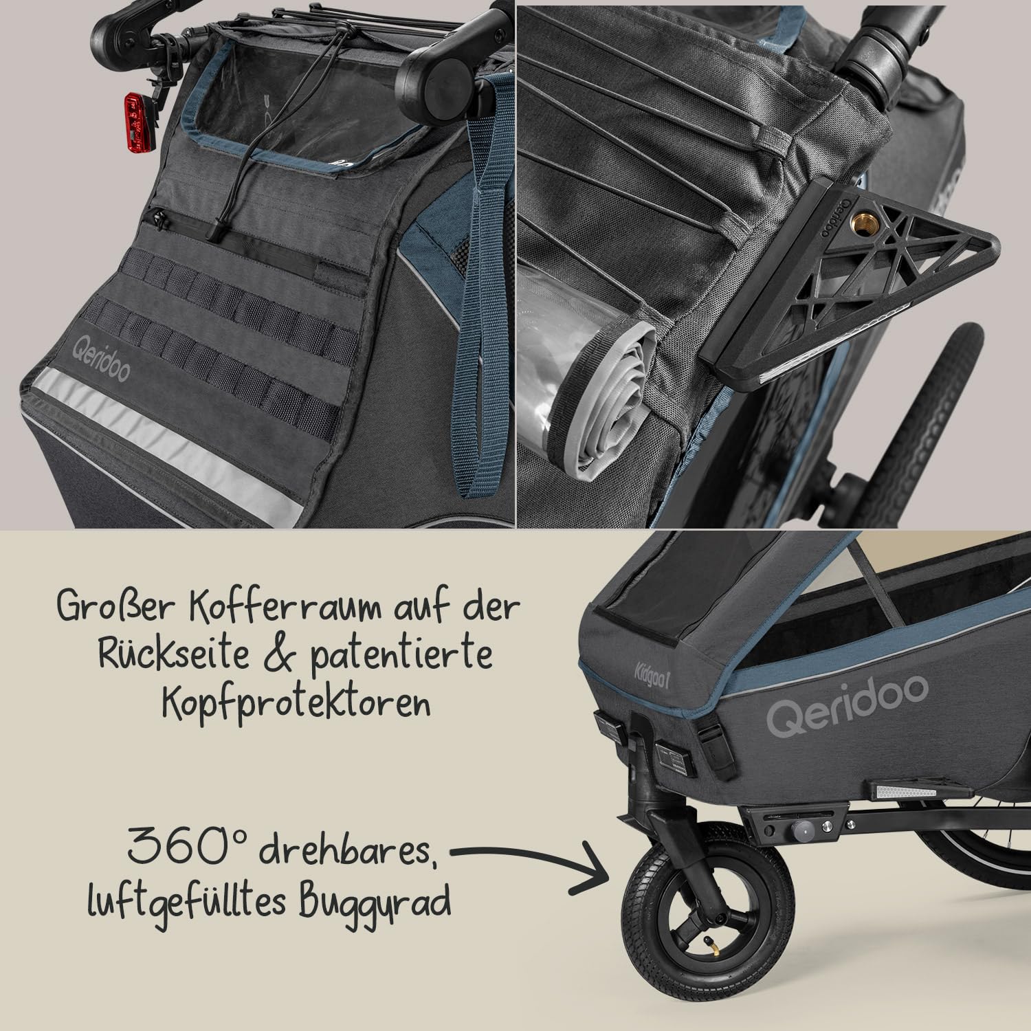 Qeridoo Rimorchio per bicicletta Kidgoo 1 Navy Blue con cintura a 5 punti e Easy ARS, pieghevole, con ruota girevole a 360 gradi e protezioni per la testa brevettate, per 1 bambino