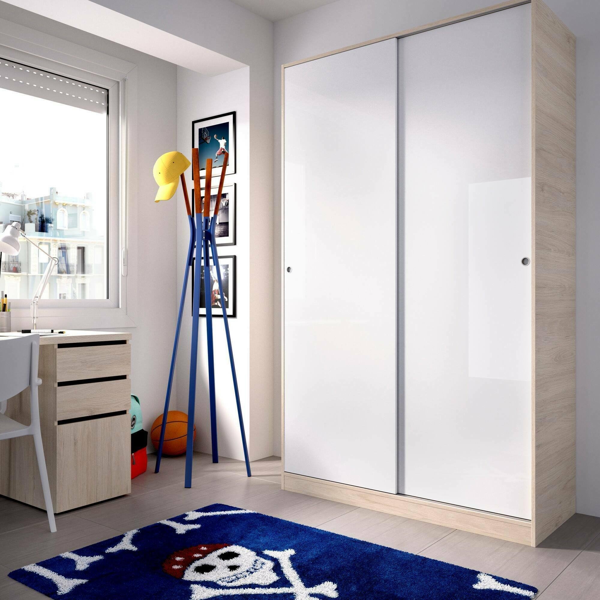 Guardaroba 2 Ante Denali, Mobile Appendiabiti per Camera da Letto, Armadio Ante scorrevoli, 120x50h204 cm, Bianco Lucido e Rovere