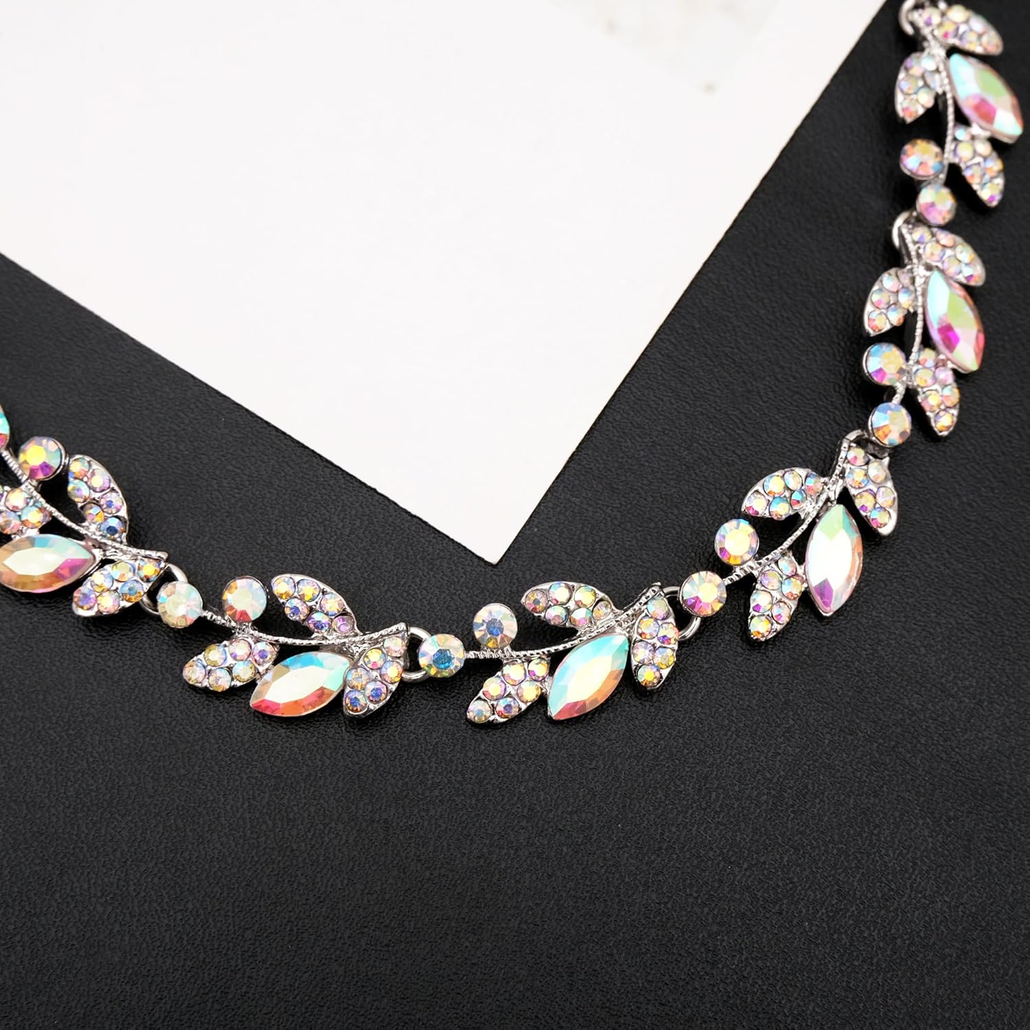 Elegant Leaves Choker Necklace Dangle Earring Link Bracelet Crystal Jewelry Set for Brides Bridesmaid Prom Costume Accessories for Women #1115 - Image 6