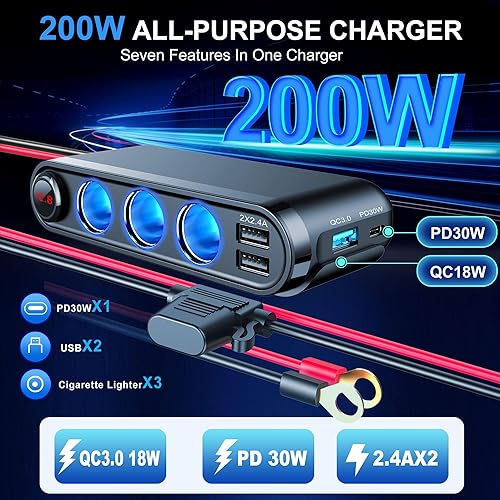 Miniatura 5 de Divisor de enchufe para encendedor de cigarrillos de 12 V, 200 W, 3 enchufes, adaptador de encendedor de cigarrillos para automóvil, divisor de