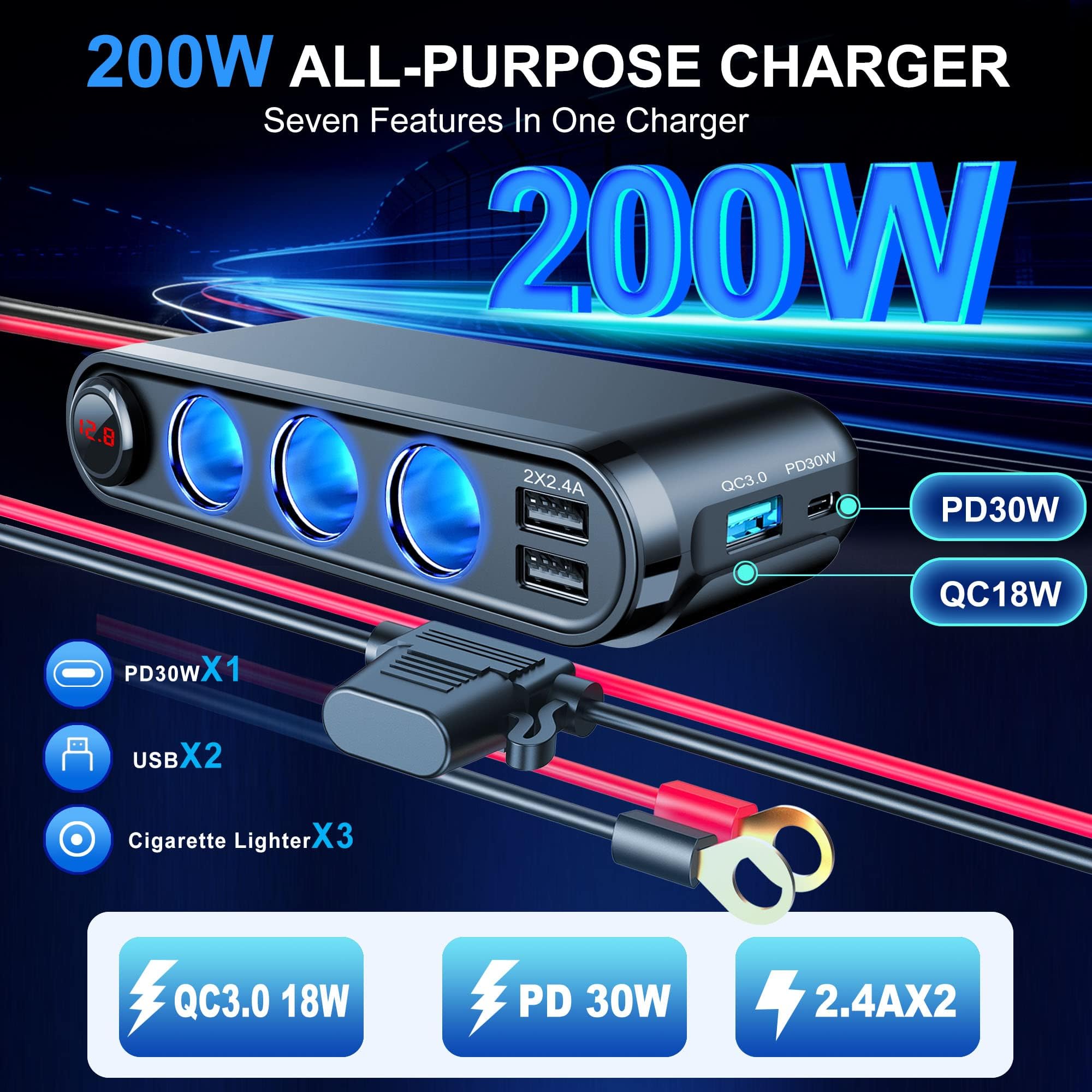 EUGIZMO Zigarettenanzünder-Splitter, 200 W, 3 Steckdosen, Kfz-Steckdose