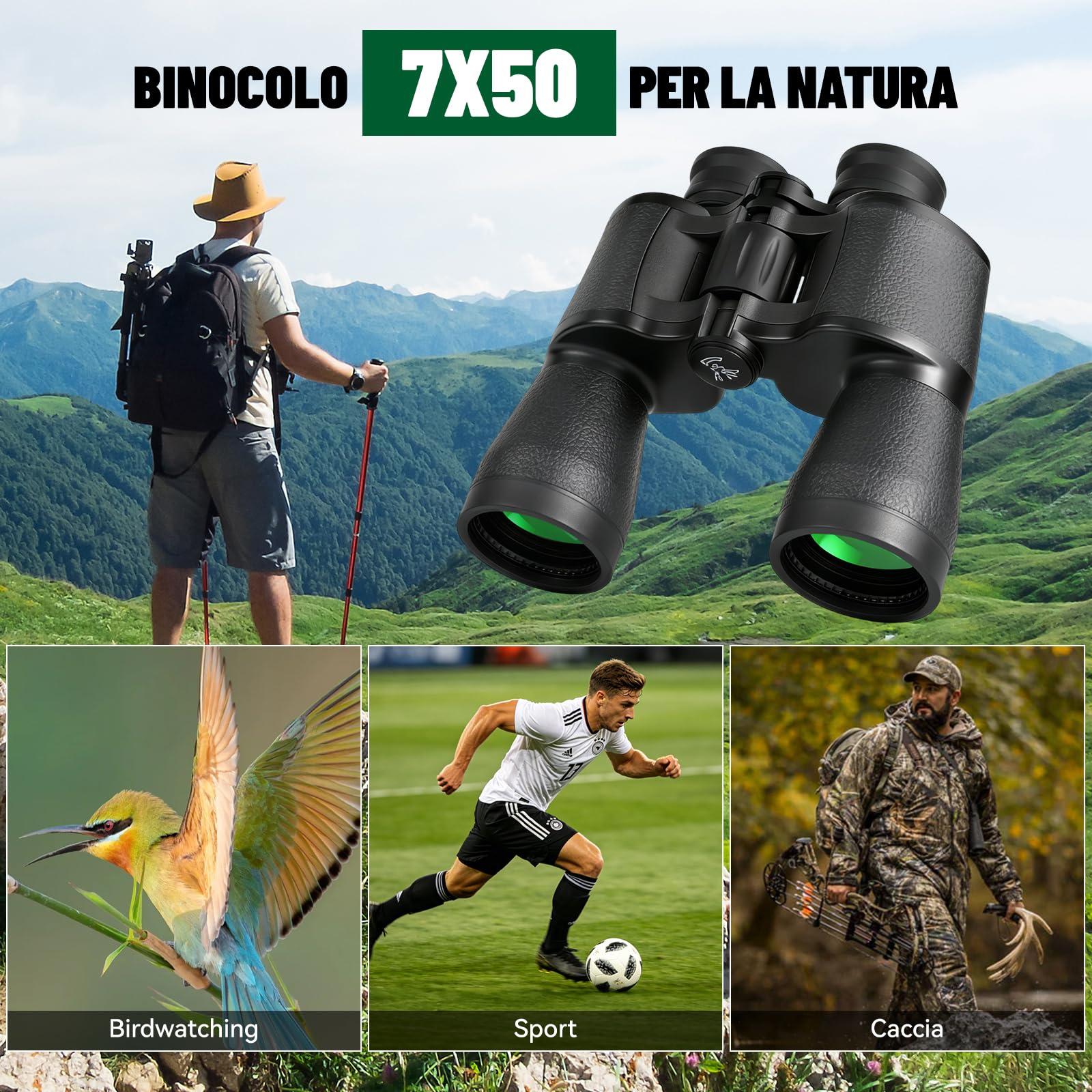 Binocolo 7x50 per Adulti con Visione Chiara, Binocolo Compatto per Birdwatching Caccia Viaggi Partite di Calcio Osservazione Delle Stelle con Custodia e Tracolla