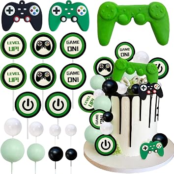 19PCS Video Game Themes Cake Toppers Game Controllers Cake Decorations Gaming Party Decoration for Man Or Gaming Party Cake Decoration Green