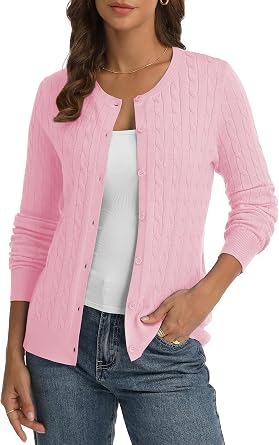 QUALFORT Womens Cable Knit Cardigan Sweater, Lightweight Button Cardigan