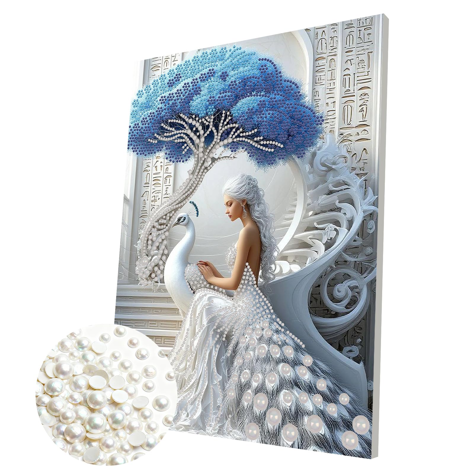DIY Pearl Painting Kit with Wooden Frame, 3D Plastic Pearl Gemstone Ocean Art Craft for Adults Beginners, Diamond Art Kits for Adults, Home Wall Decor Ready Gift for Women(Peacock And Girl)(30*40cm)