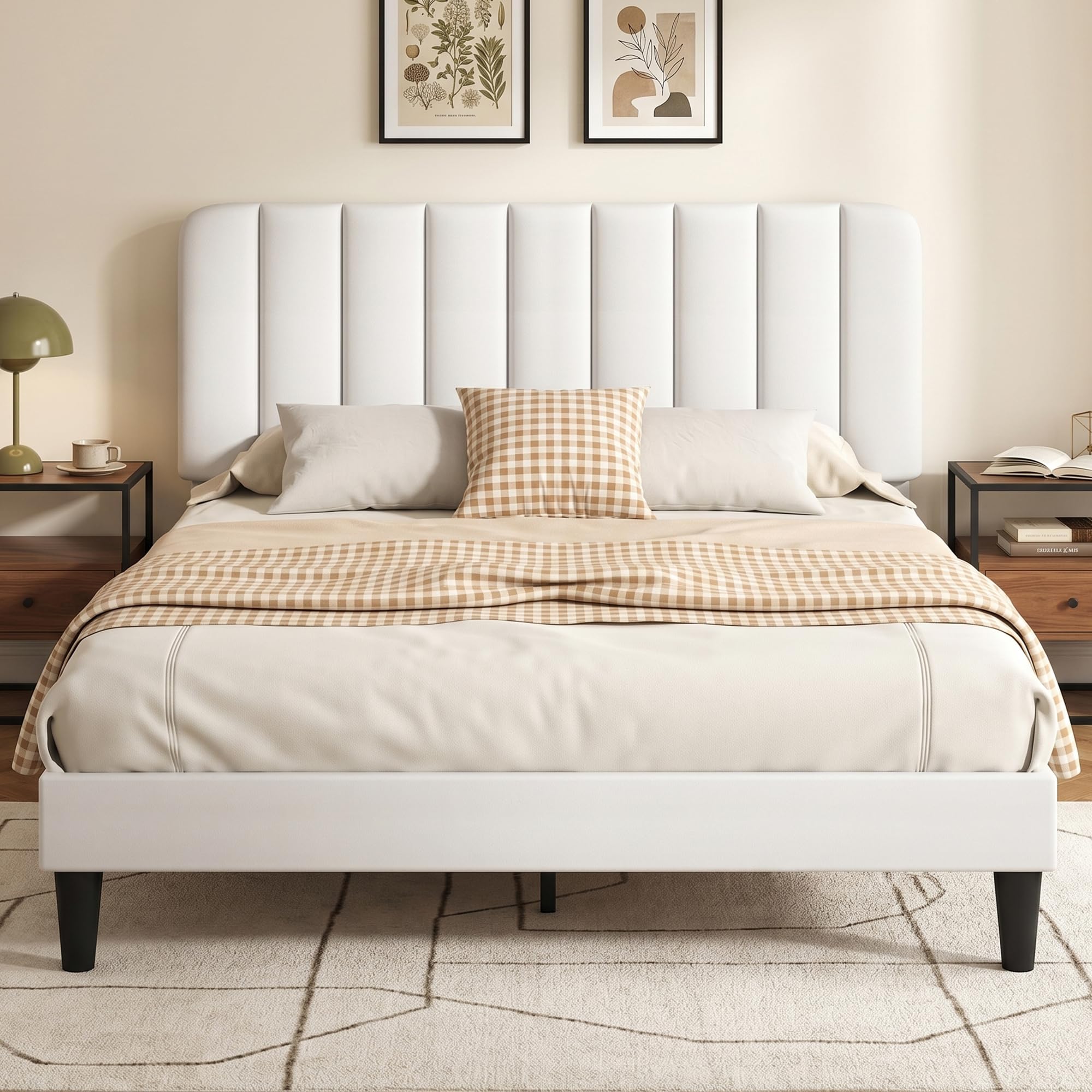 Photo 1 of *Box damaged* VECELO Queen Upholstered Bed Frame with Adjustable Headboard, White Velvet